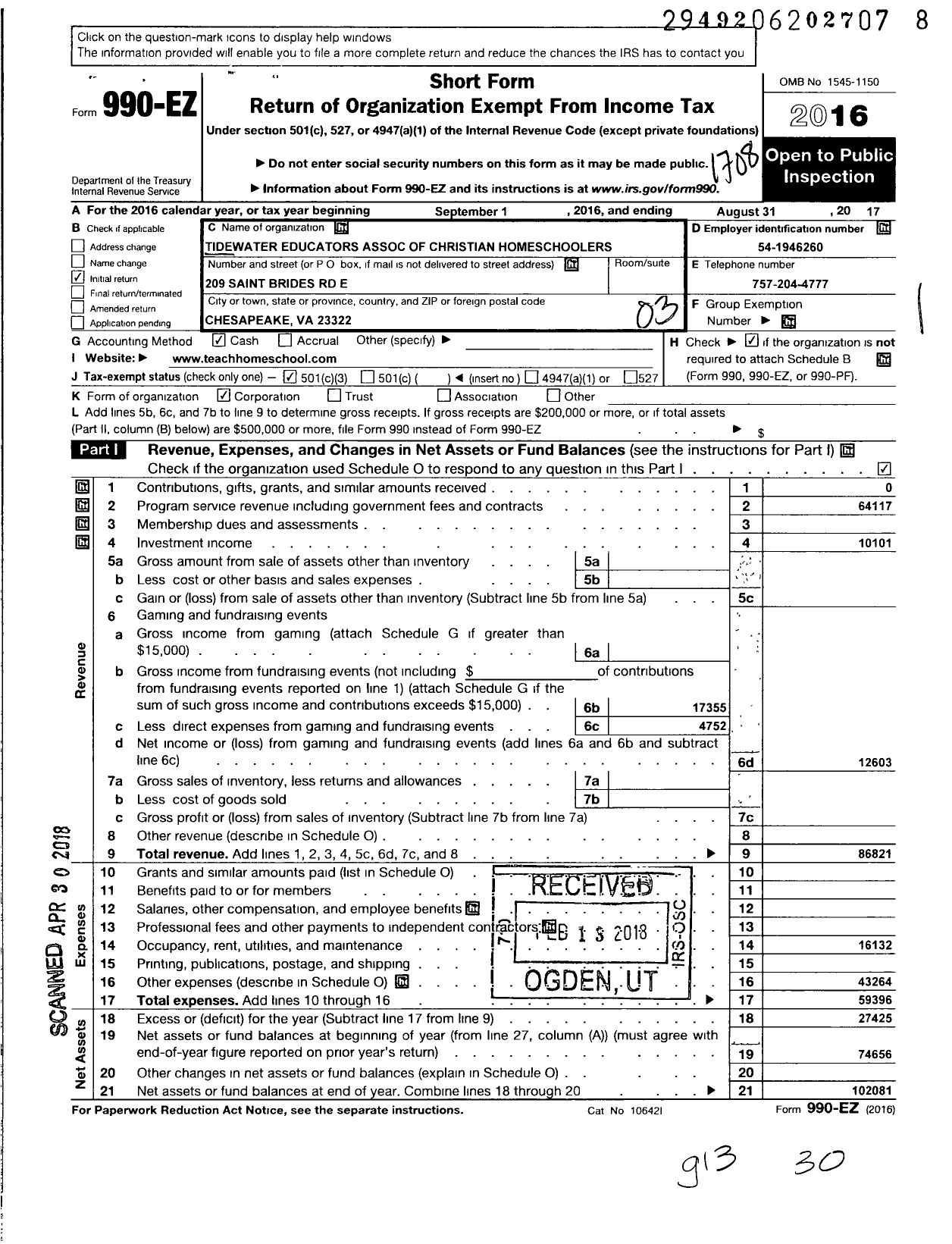 Image of first page of 2016 Form 990EZ for Tidewater Educators Association of Christian Homeschoolers