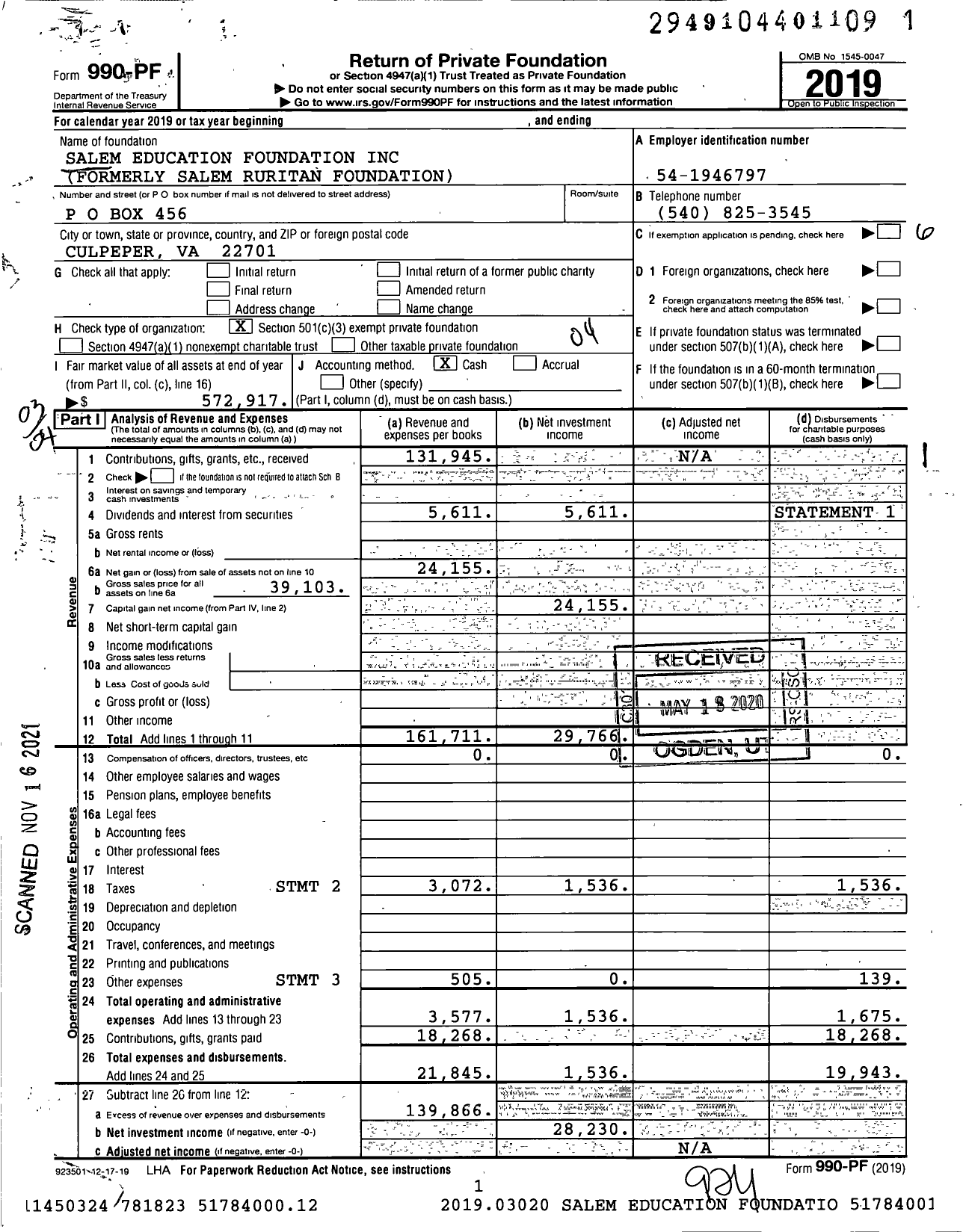 Image of first page of 2019 Form 990PF for Salem Education Foundation