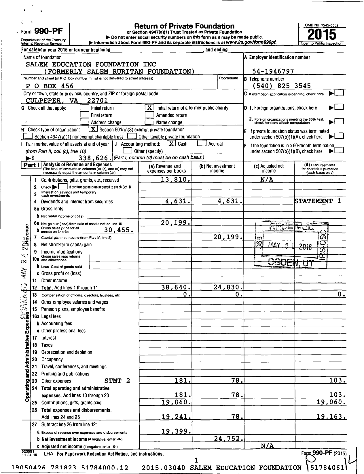Image of first page of 2015 Form 990PF for Salem Education Foundation