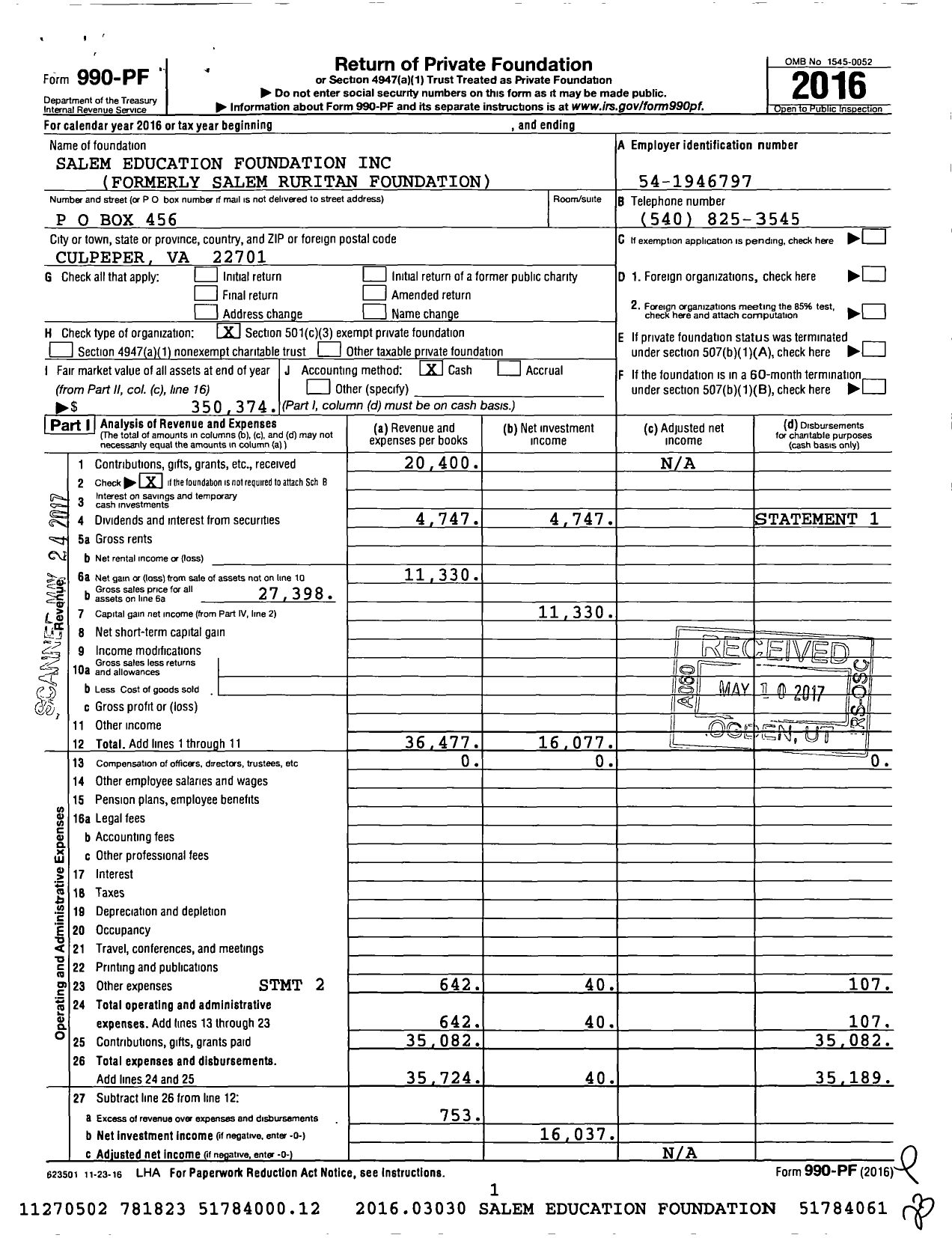 Image of first page of 2016 Form 990PF for Salem Education Foundation