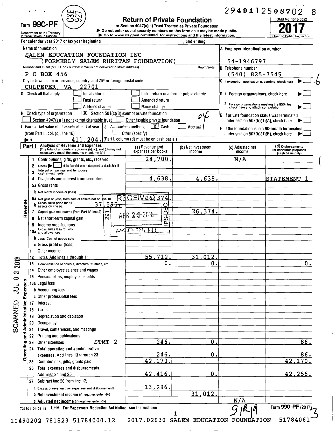 Image of first page of 2017 Form 990PF for Salem Education Foundation