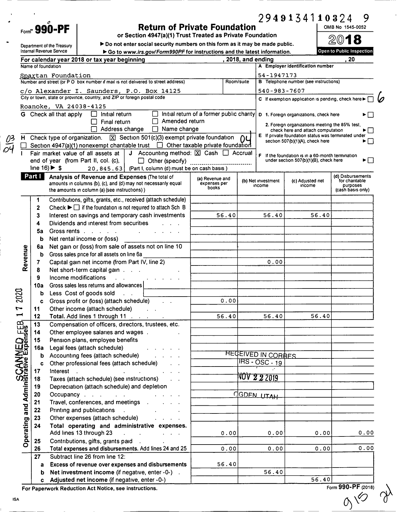 Image of first page of 2018 Form 990PF for Spartan Foundation