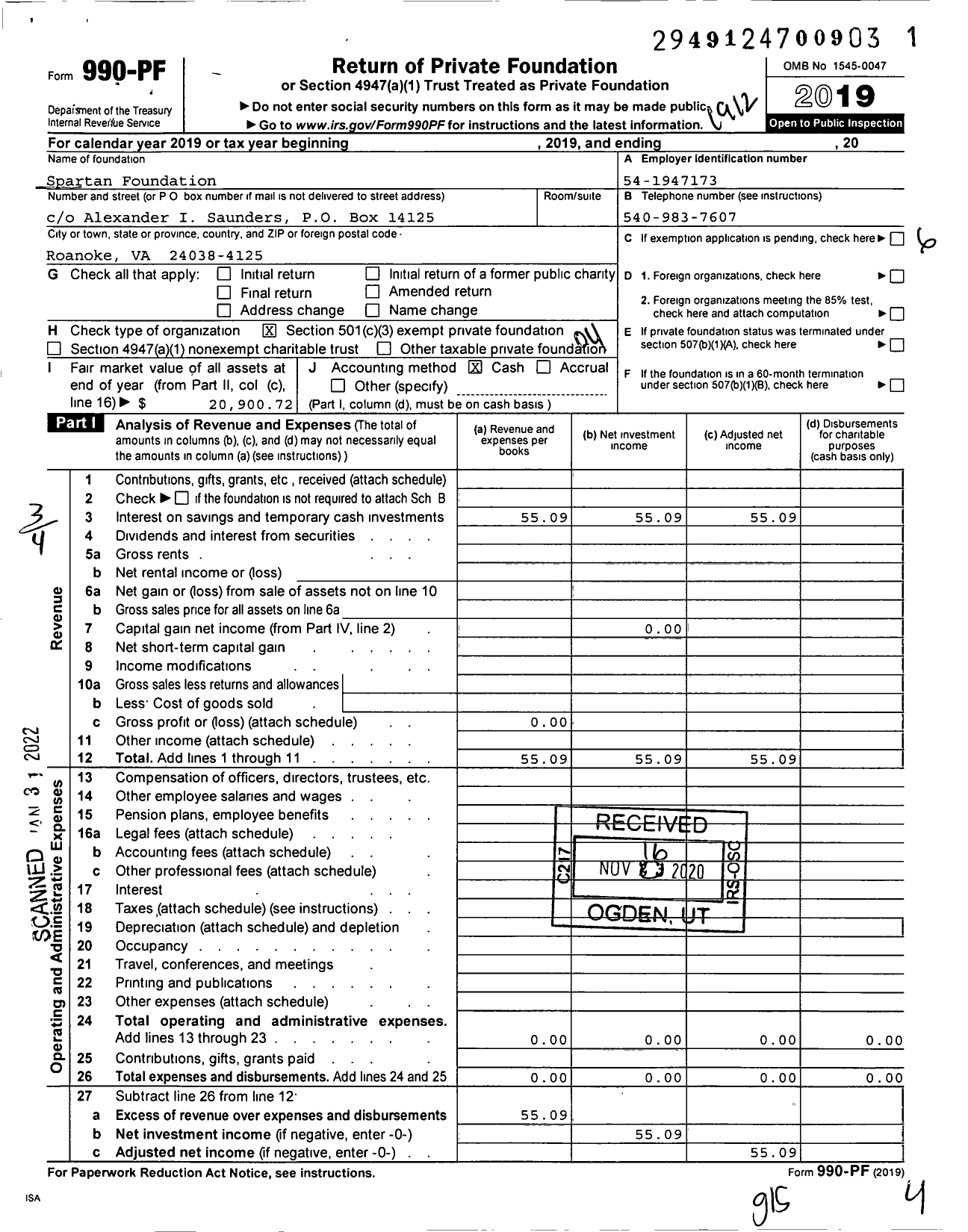 Image of first page of 2019 Form 990PF for Spartan Foundation