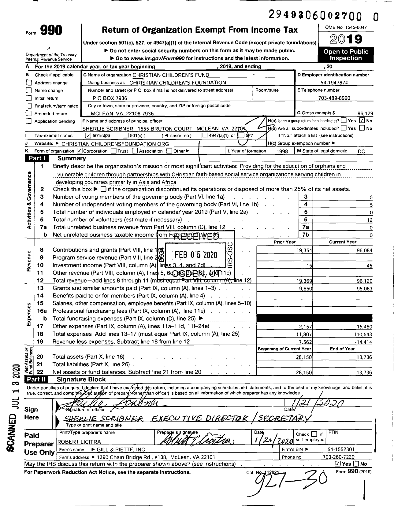 Image of first page of 2019 Form 990 for Christian Childrens Foundation