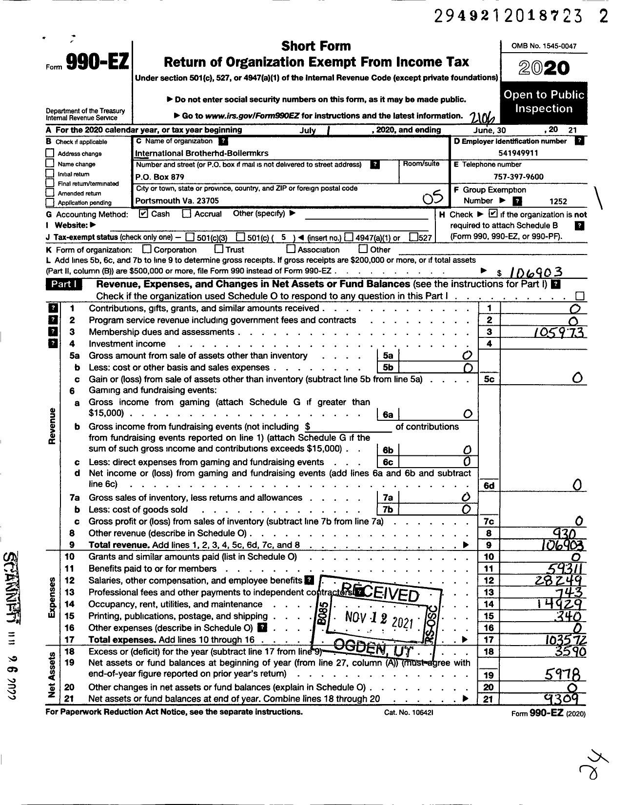 Image of first page of 2020 Form 990EO for International Brotherhood of Boilermakers - 1999 Lodge