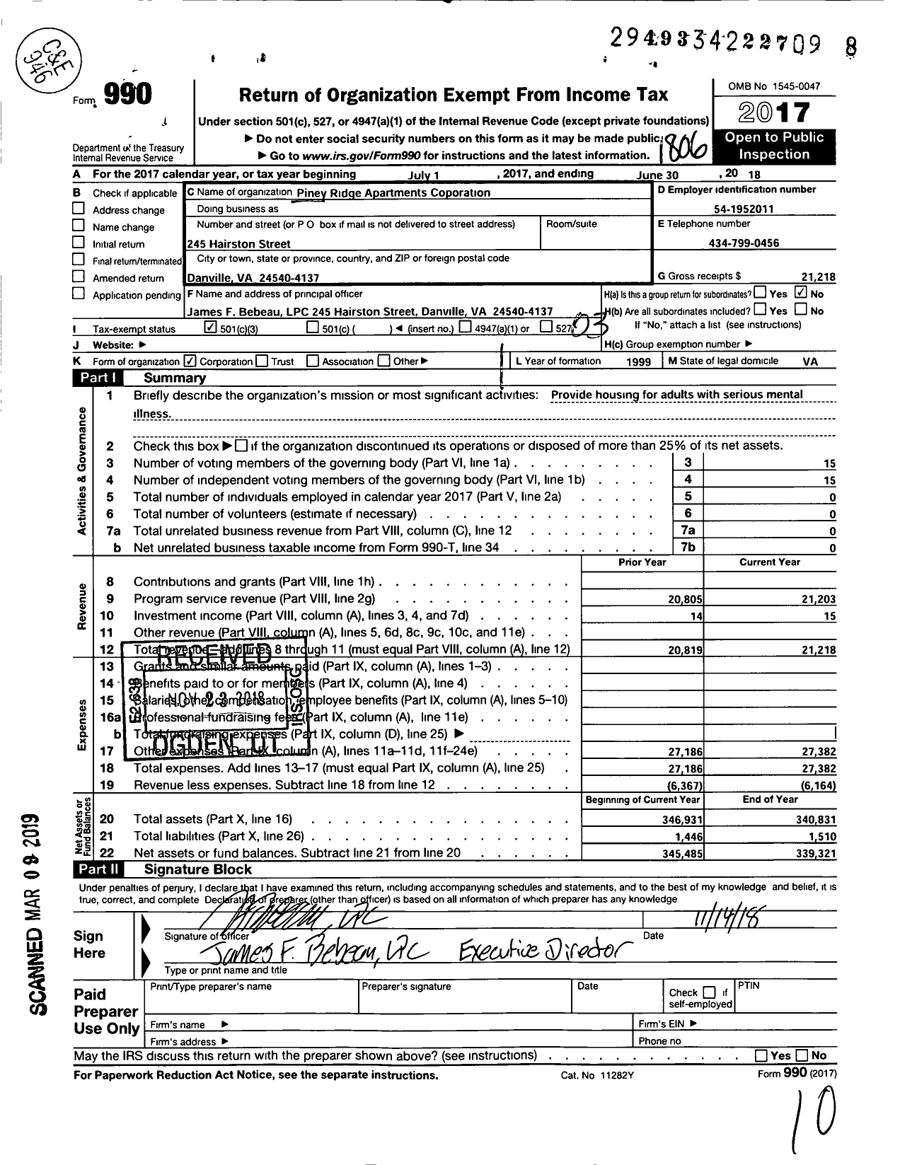 Image of first page of 2017 Form 990 for Piney Ridge Apartments Corporation
