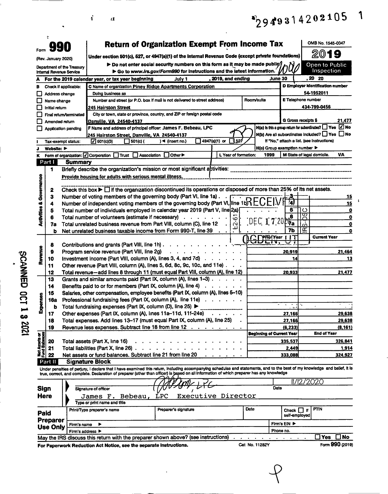Image of first page of 2019 Form 990 for Piney Ridge Apartments Corporation