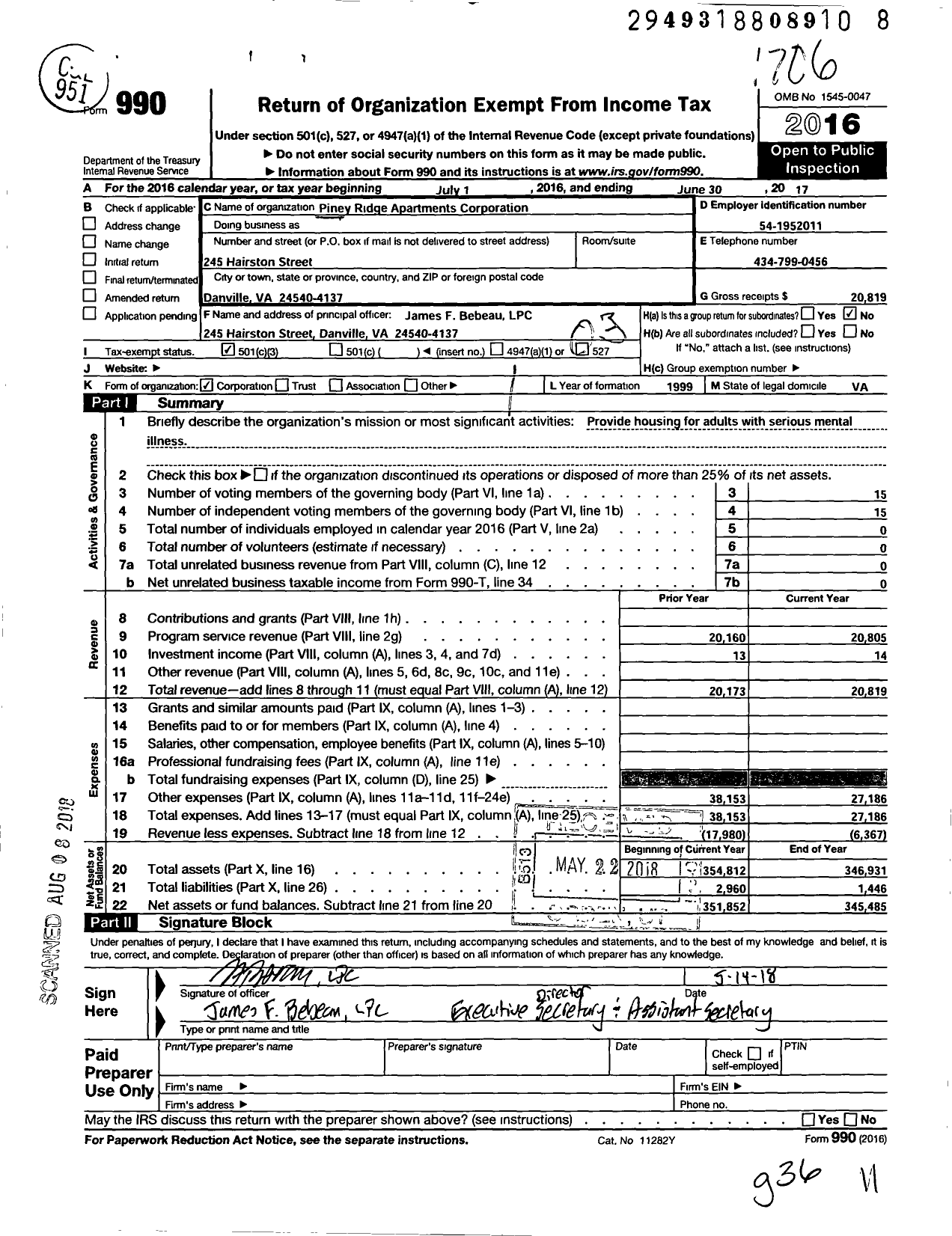 Image of first page of 2016 Form 990 for Piney Ridge Apartments Corporation