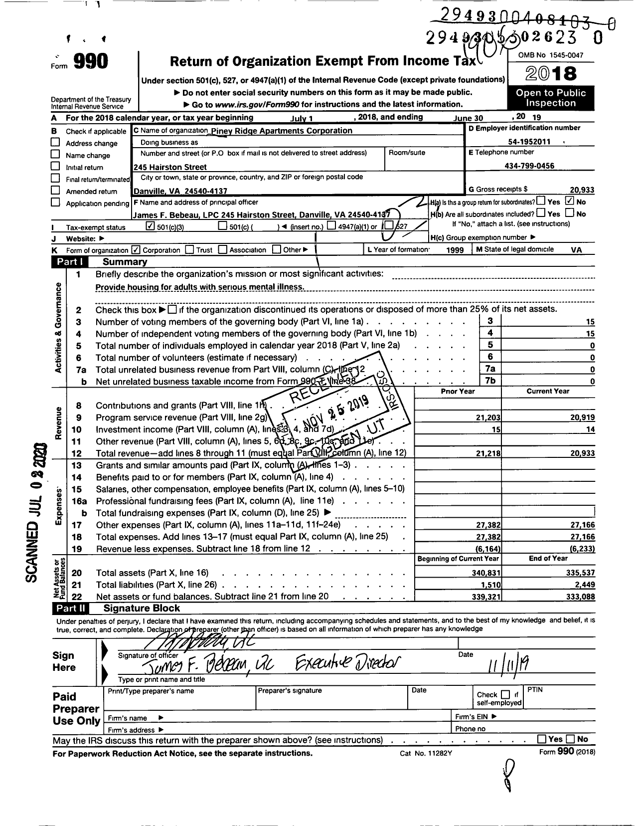Image of first page of 2018 Form 990 for Piney Ridge Apartments Corporation
