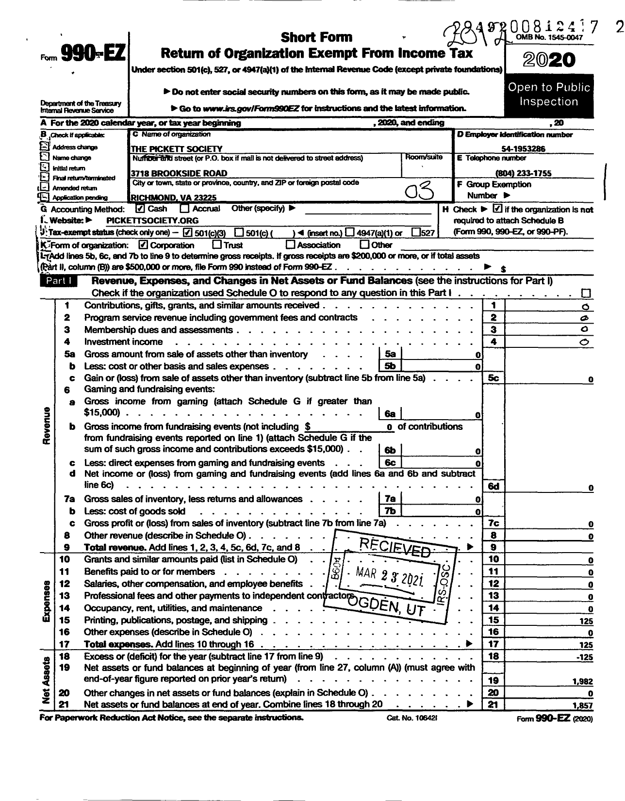 Image of first page of 2020 Form 990EZ for Pickett Society