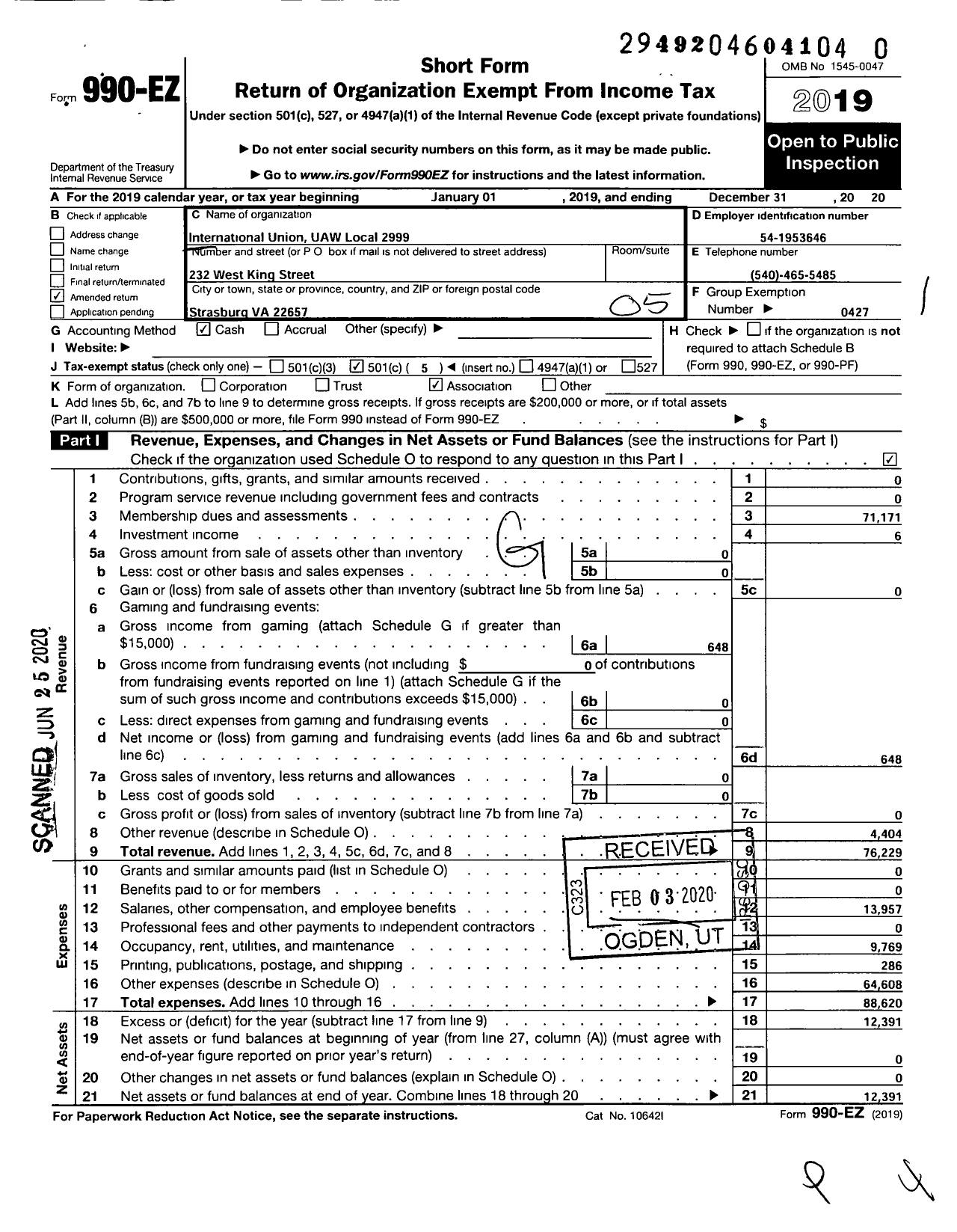 Image of first page of 2019 Form 990EO for UAW - 2999 Local