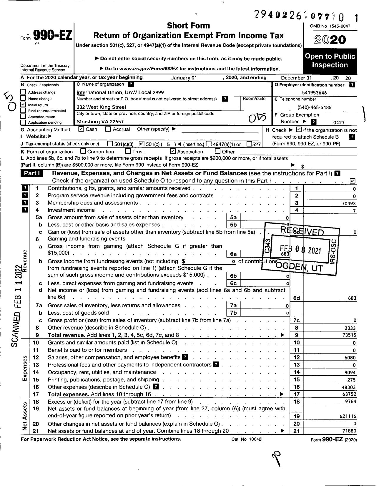 Image of first page of 2020 Form 990EO for UAW - 2999 Local