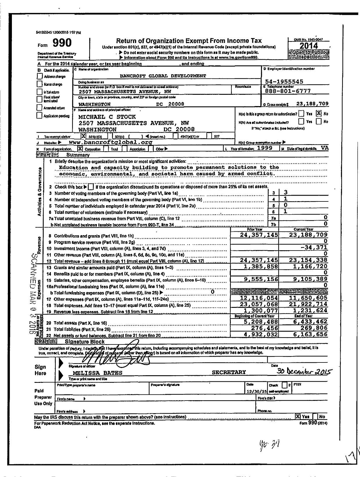 Image of first page of 2014 Form 990 for Bancroft Global Development