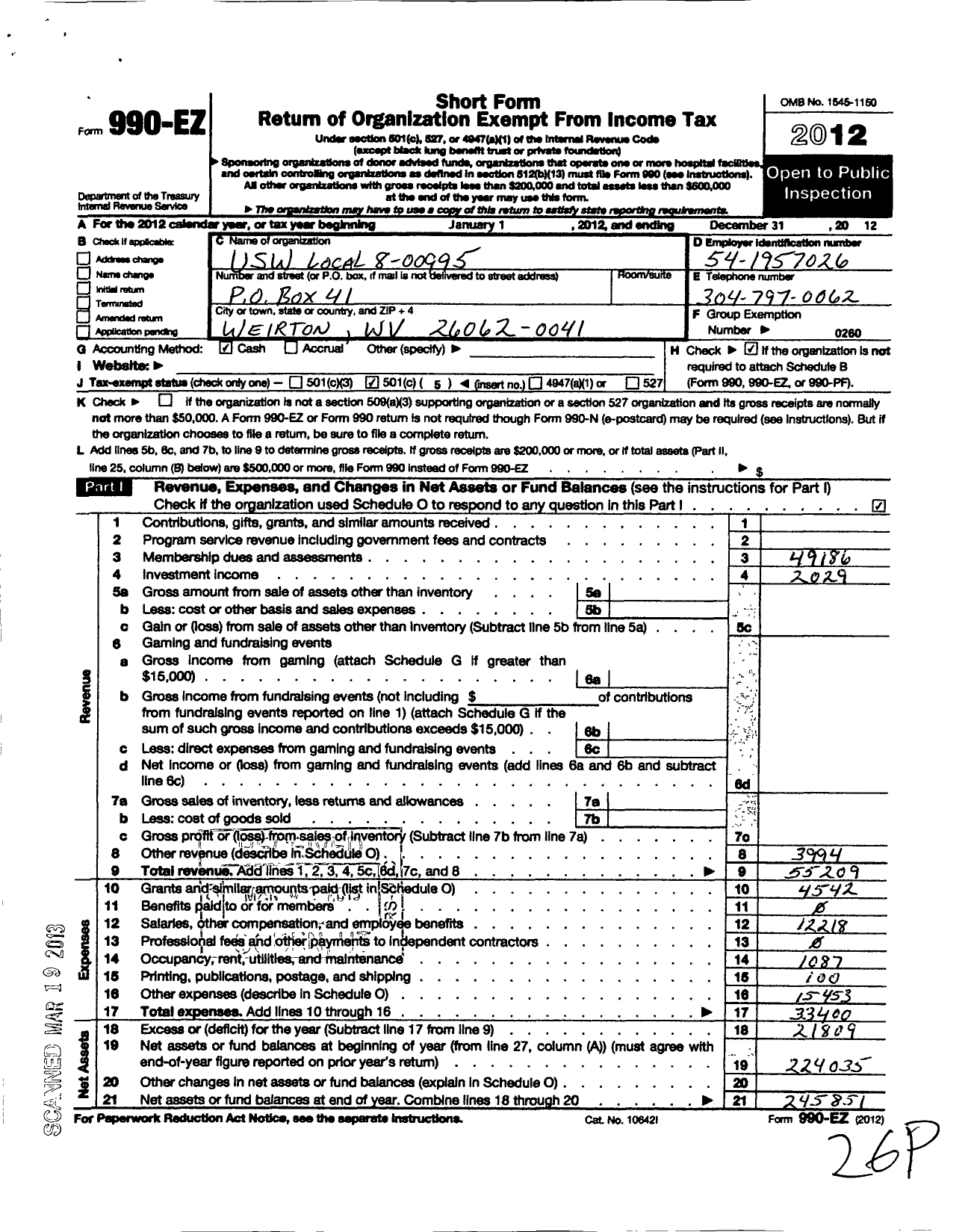 Image of first page of 2012 Form 990EO for United Steelworkers - 00995 Local