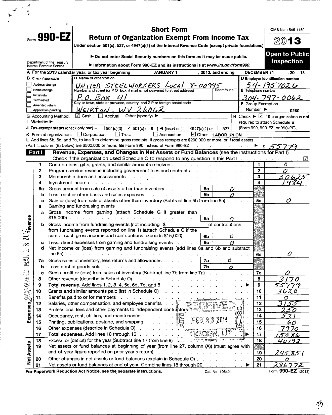 Image of first page of 2013 Form 990EO for United Steelworkers - 00995 Local