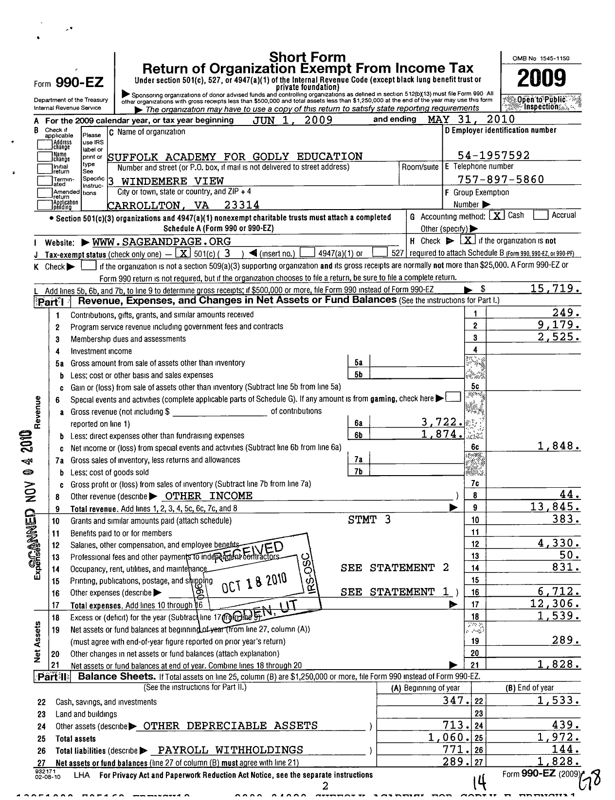 Image of first page of 2009 Form 990EZ for Sage and Page