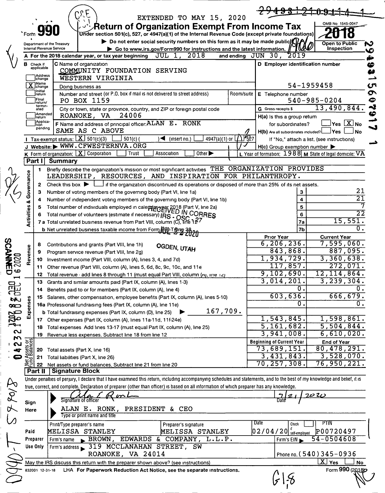 Image of first page of 2018 Form 990 for Community Foundation Serving Western Virginia