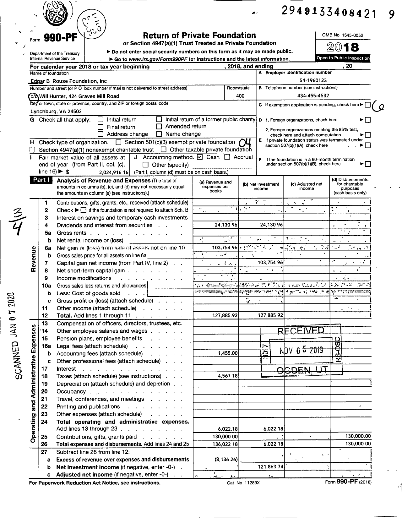 Image of first page of 2018 Form 990PF for Edgar B Rouse Foundation