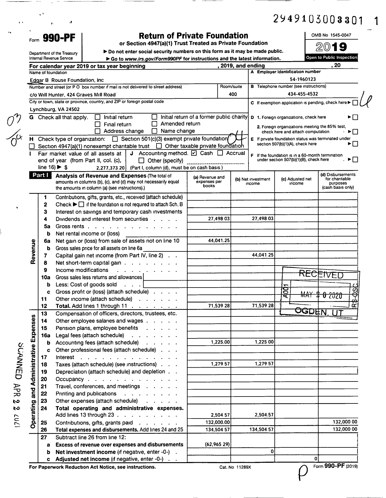 Image of first page of 2019 Form 990PF for Edgar B Rouse Foundation