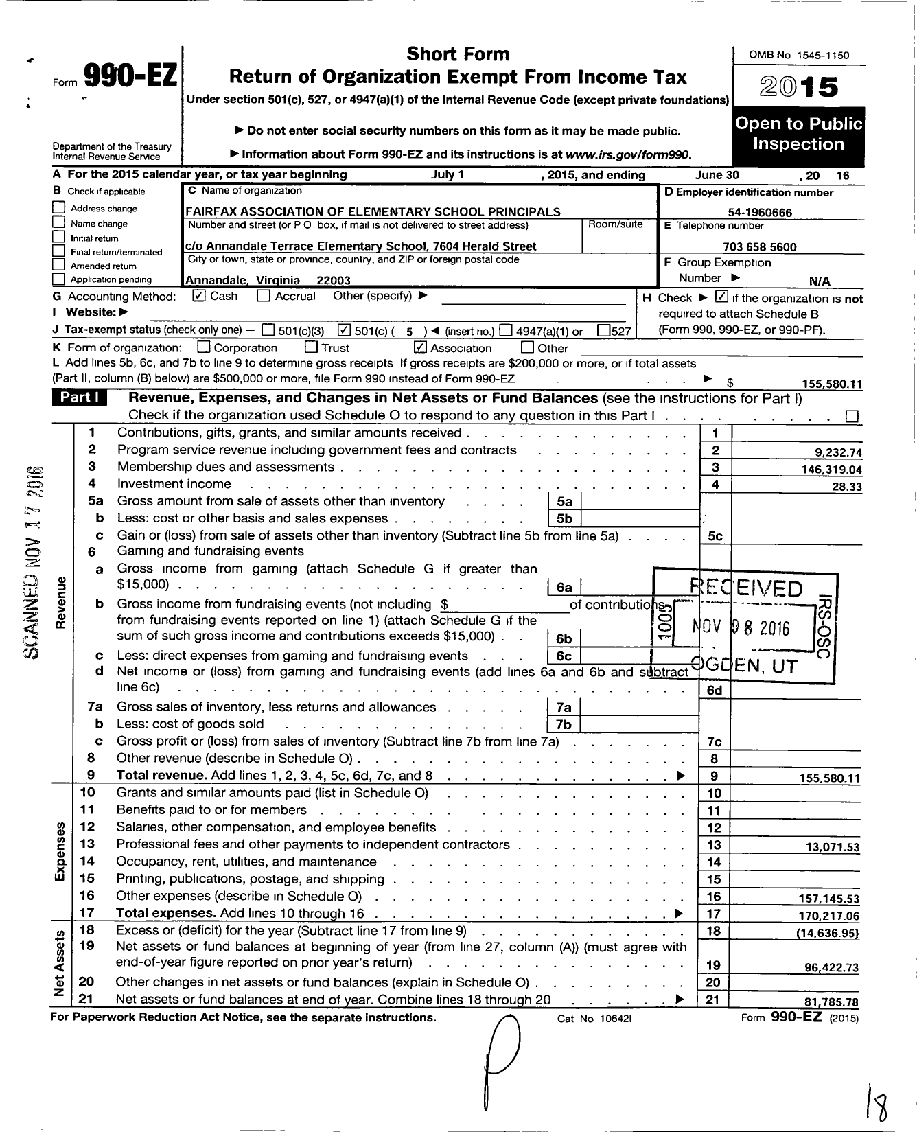 Image of first page of 2015 Form 990EO for Fairfax Association of Elementary School Principals (FAESP)