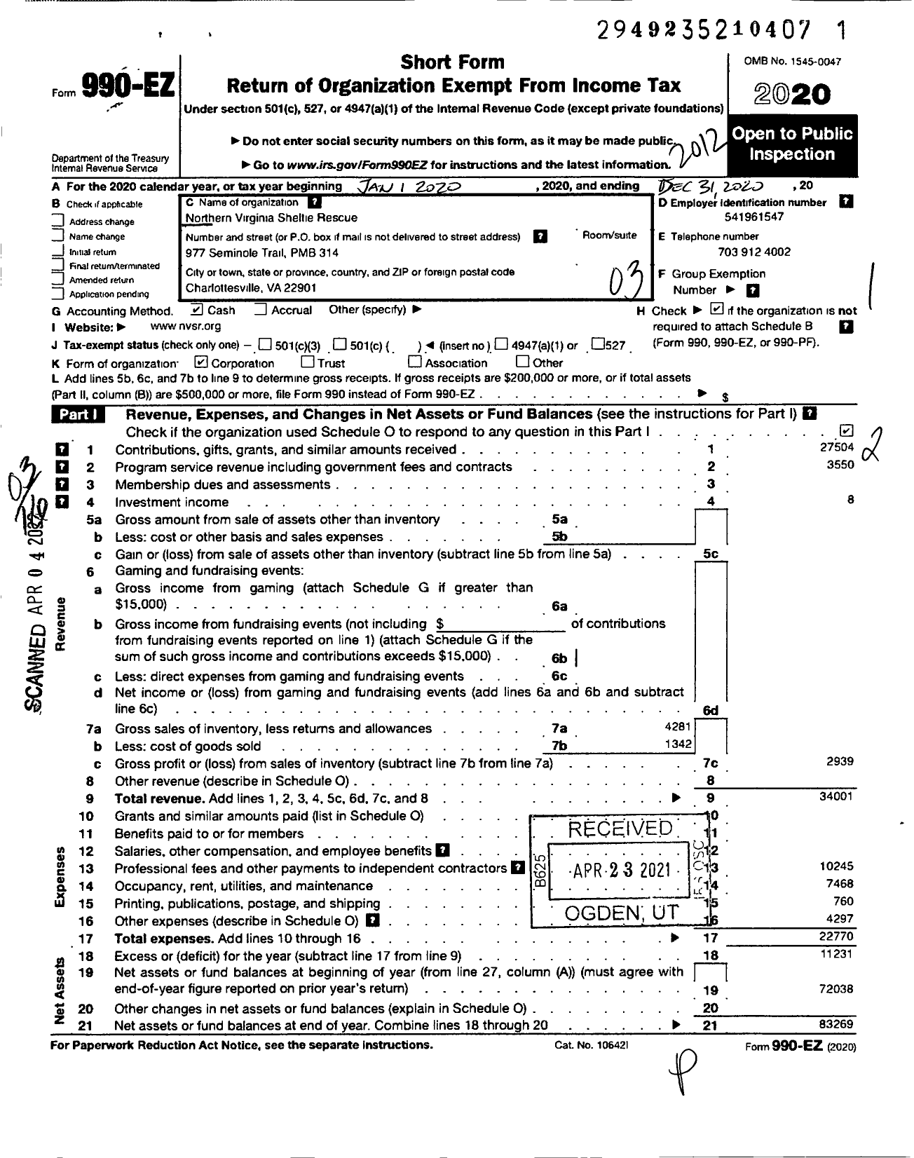 Image of first page of 2020 Form 990EZ for Northern Virginia Sheltie Rescue