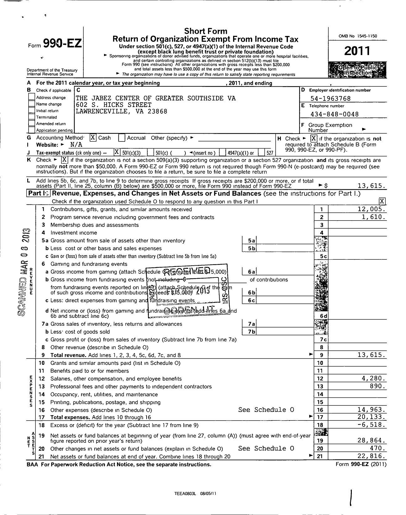 Image of first page of 2011 Form 990EZ for The Jabez Center of Greater Southside Virginia