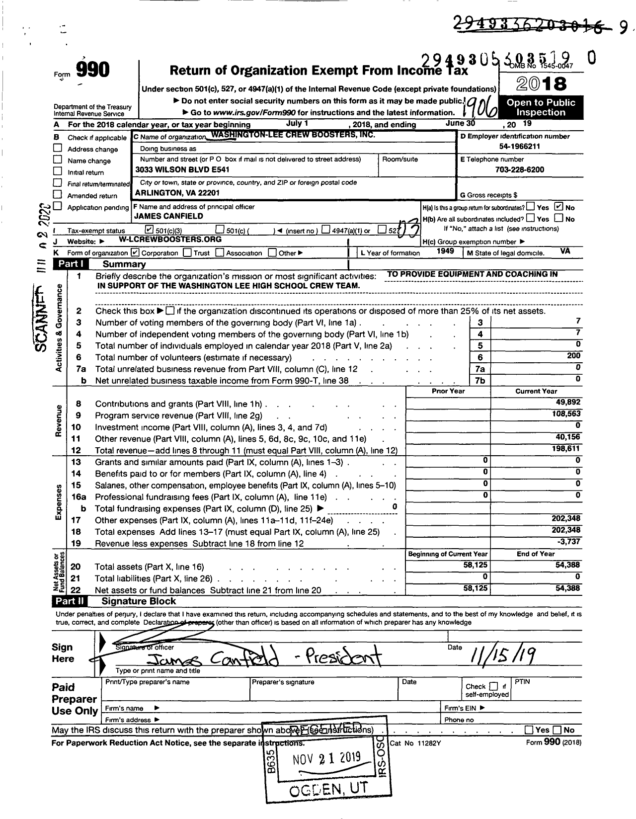 Image of first page of 2018 Form 990 for The W-L Crew Boosters