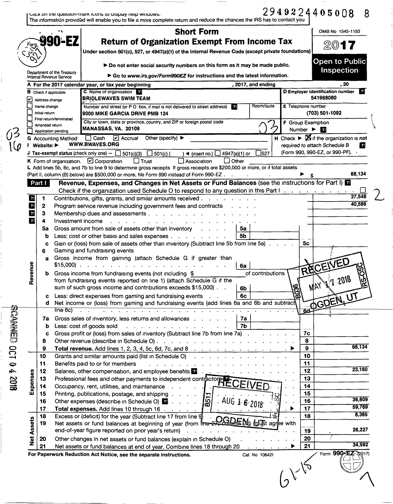 Image of first page of 2017 Form 990EZ for Bridlewaves
