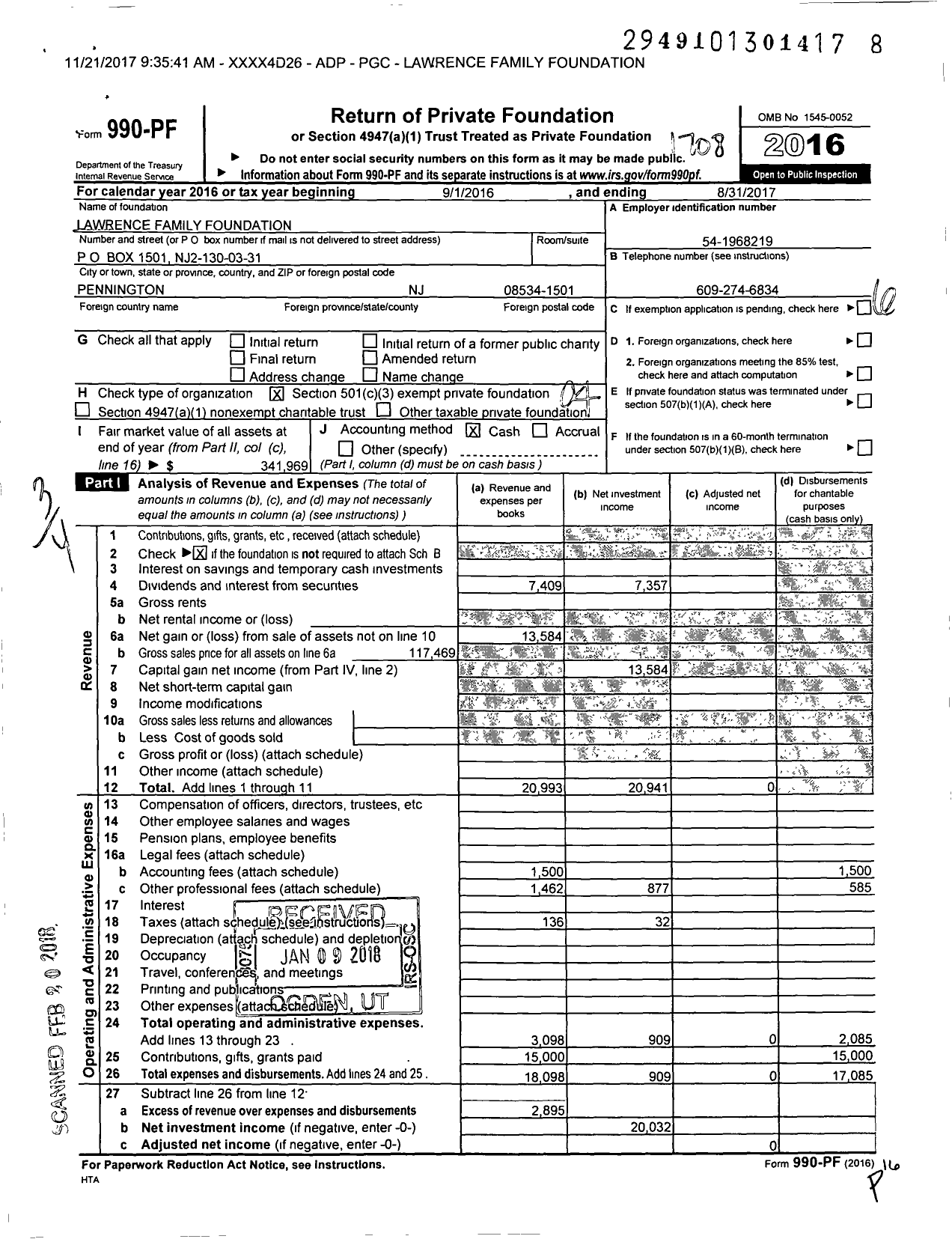 Image of first page of 2016 Form 990PF for Lawrence Family Foundation