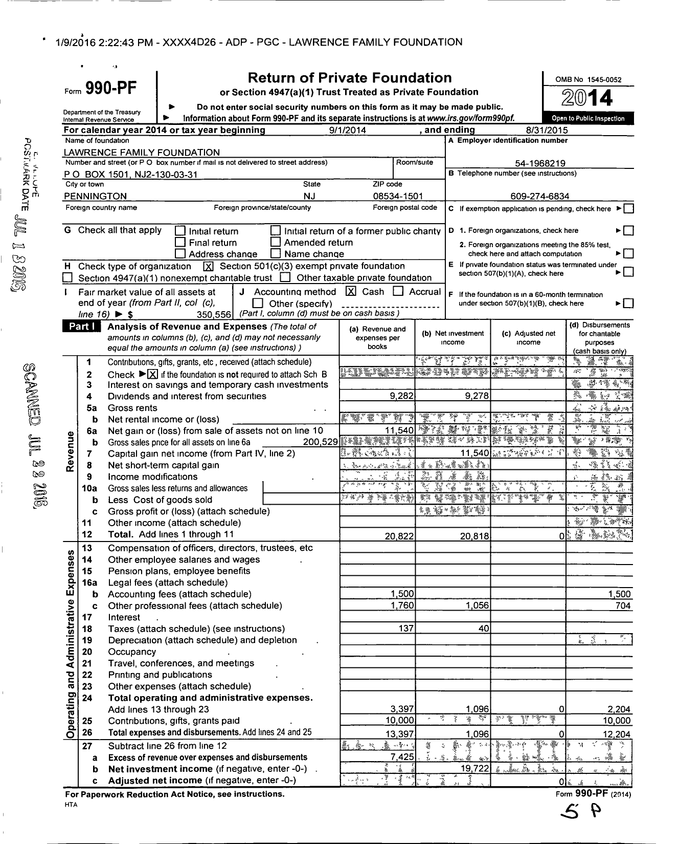 Image of first page of 2014 Form 990PF for Lawrence Family Foundation