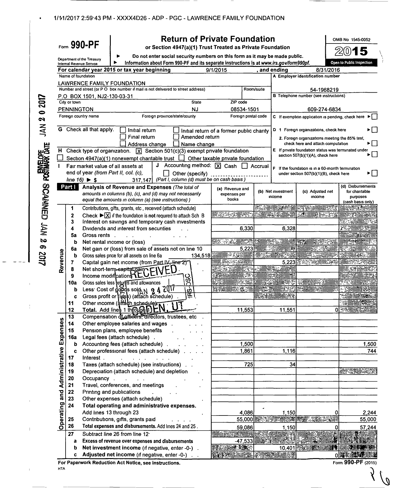 Image of first page of 2015 Form 990PF for Lawrence Family Foundation