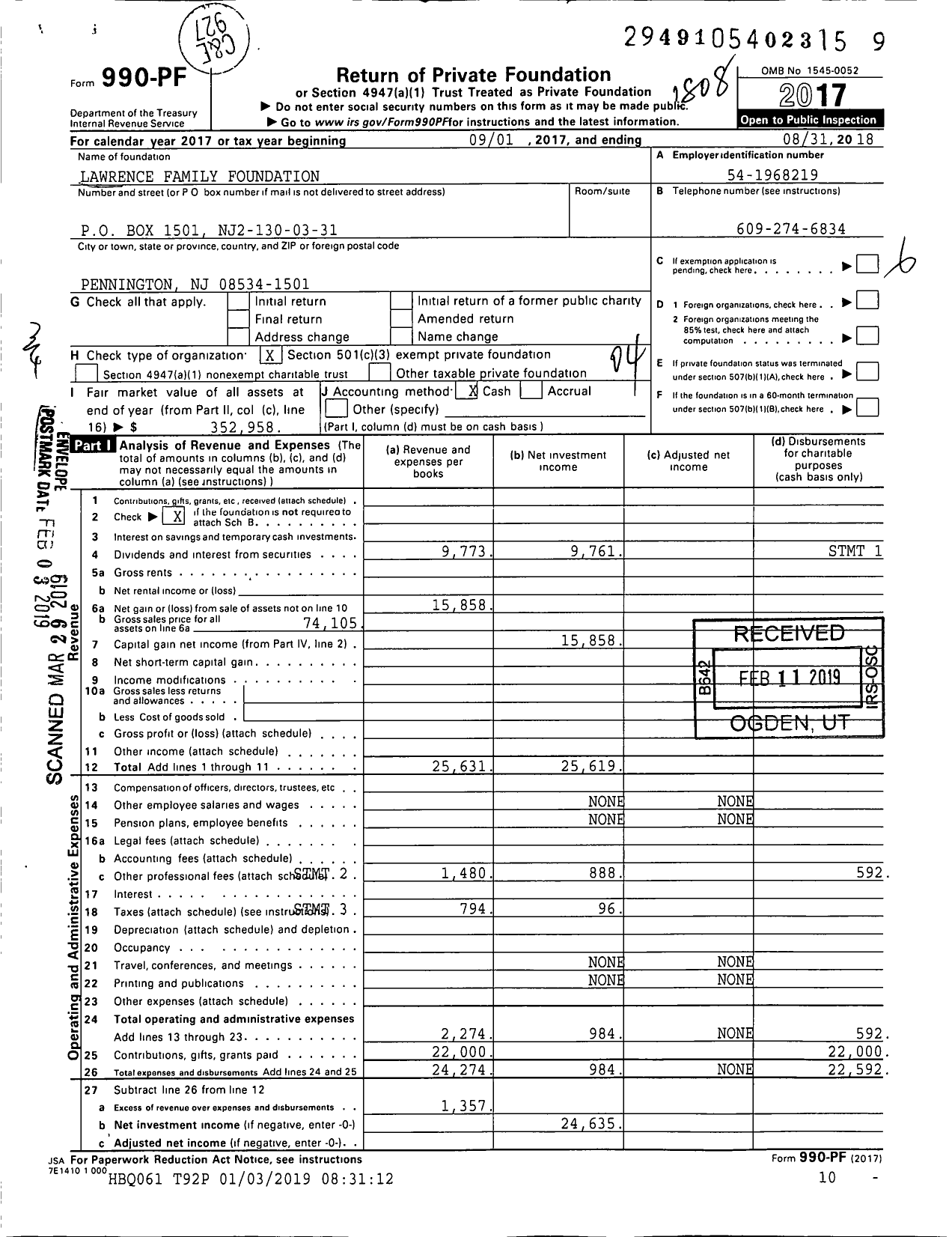 Image of first page of 2017 Form 990PF for Lawrence Family Foundation