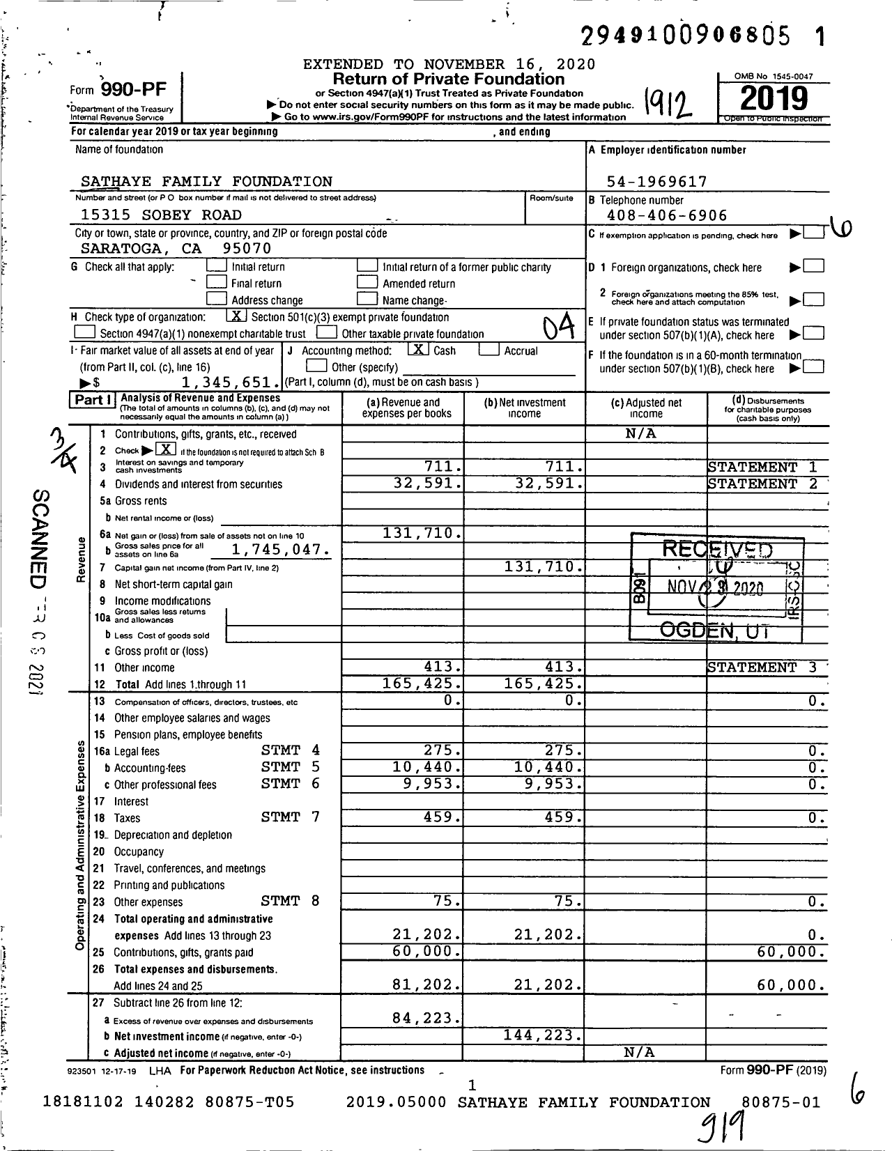 Image of first page of 2019 Form 990PF for Sathaye Family Foundation