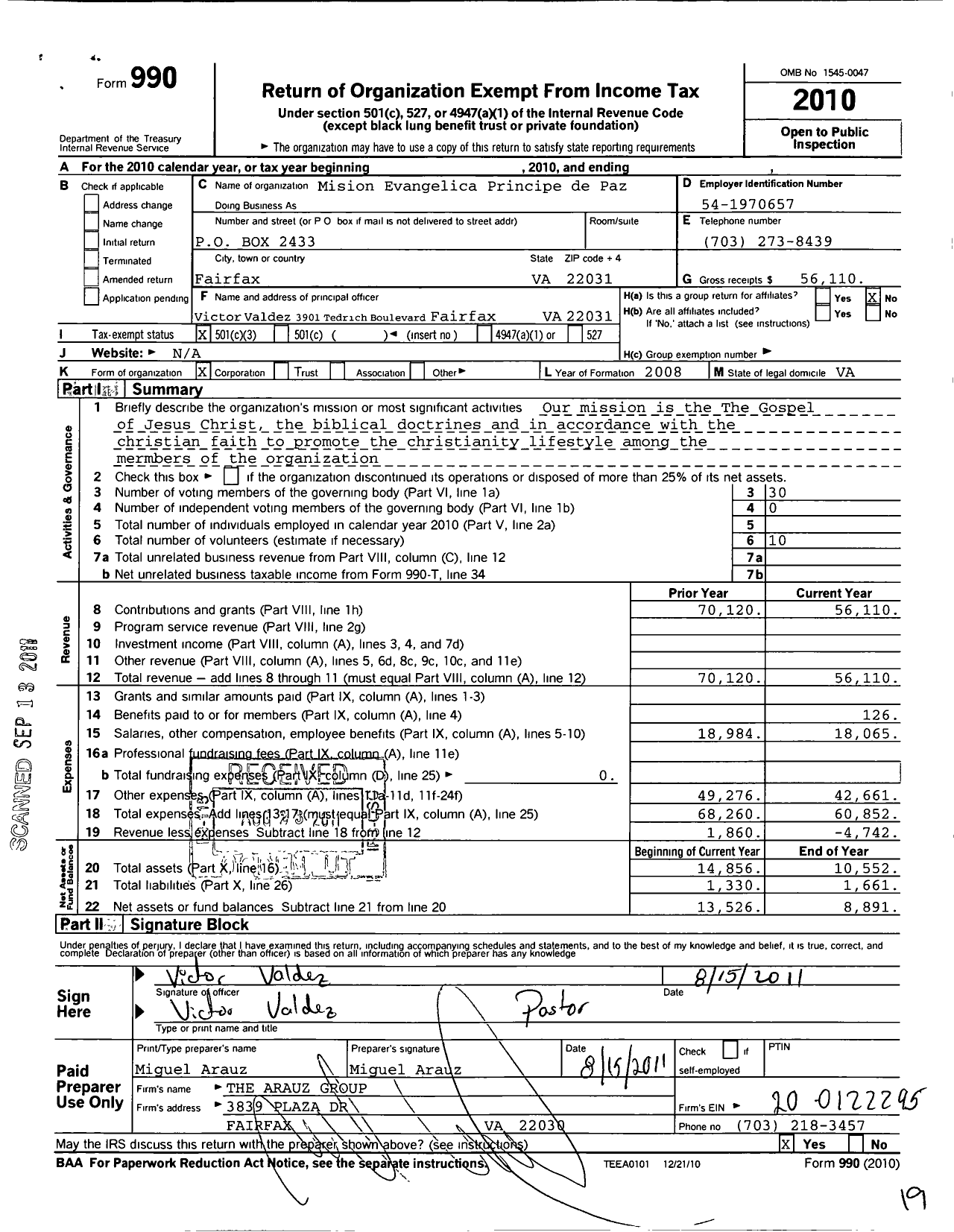 Image of first page of 2010 Form 990 for Mision Evangelica Del Principe de Paz