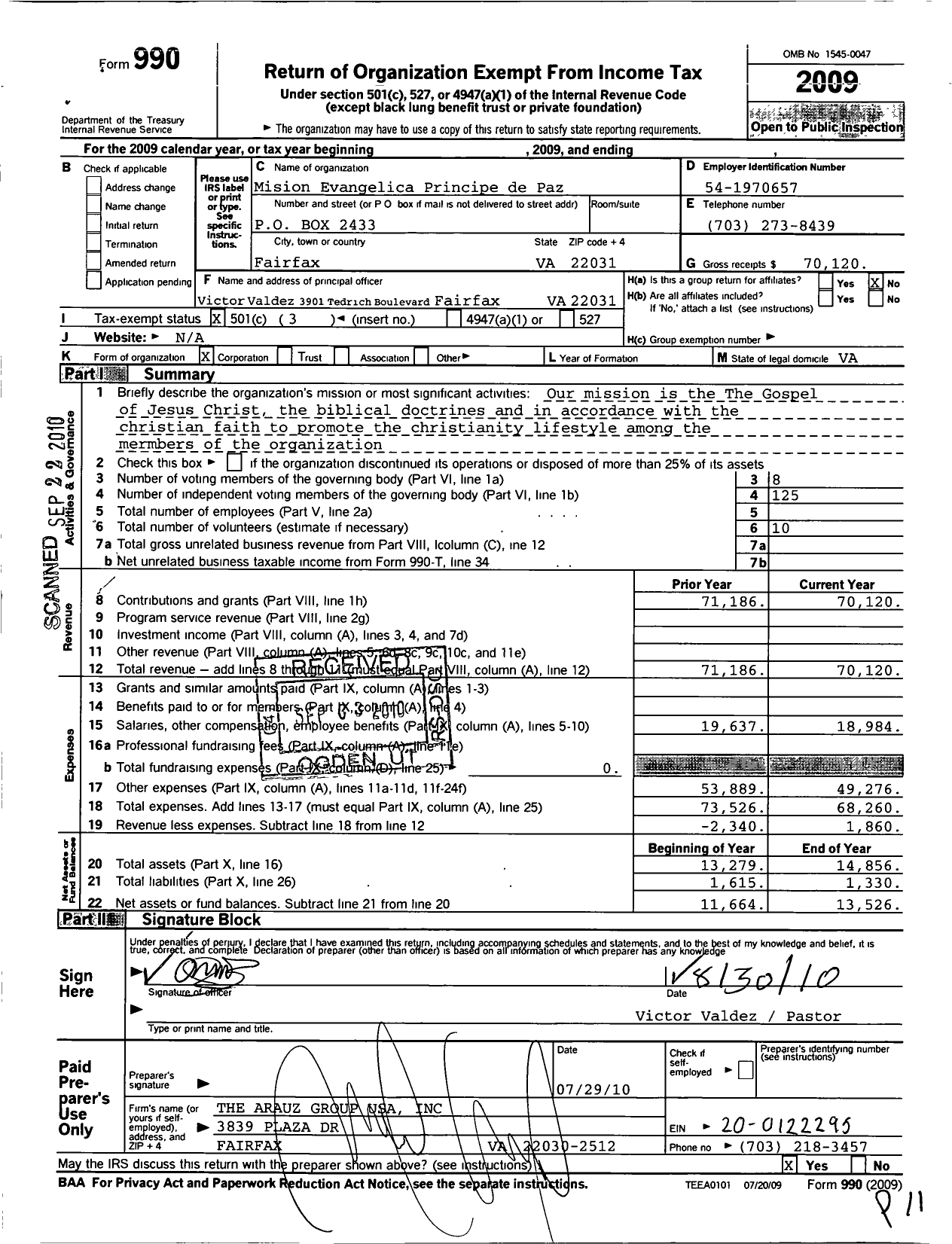 Image of first page of 2009 Form 990 for Mision Evangelica Del Principe de Paz