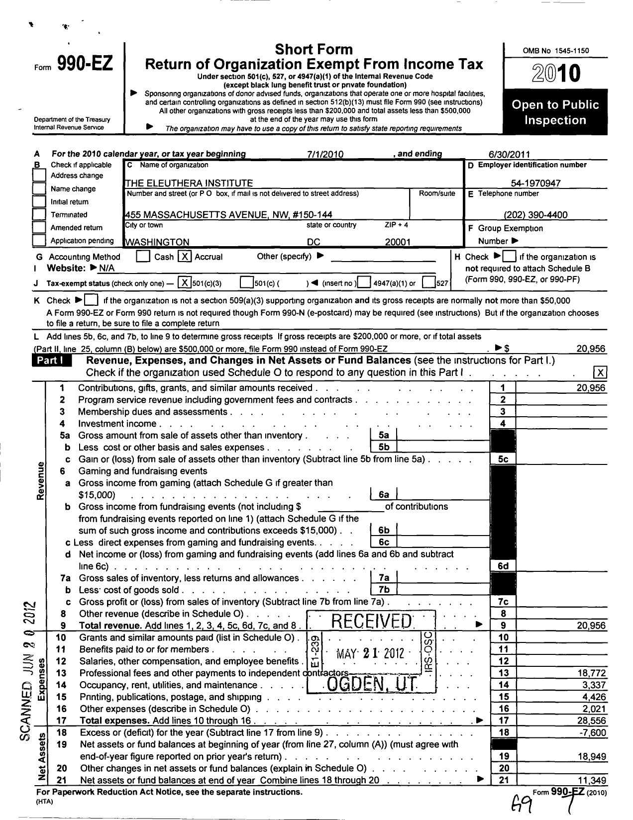 Image of first page of 2010 Form 990EZ for Eleuthera Institute