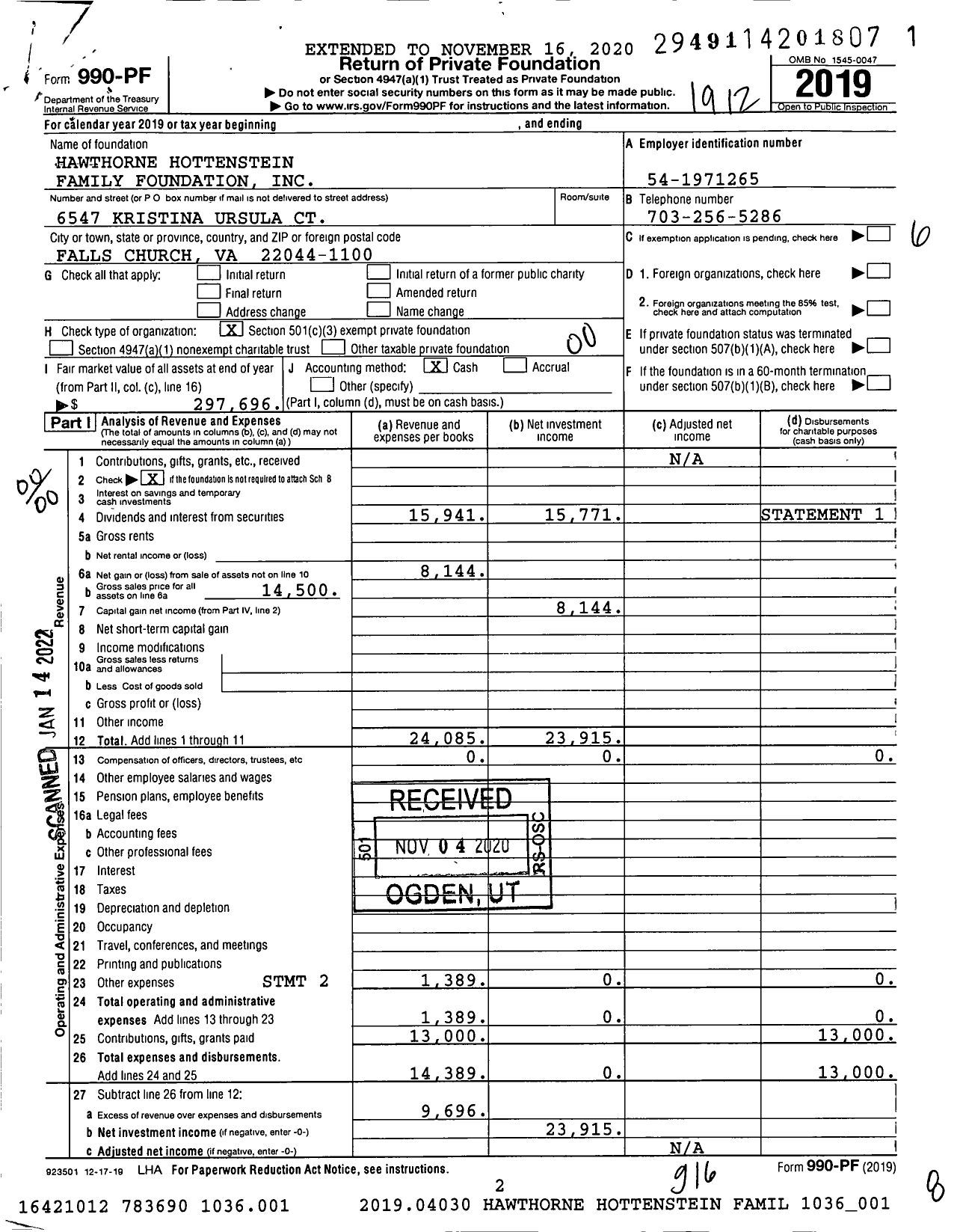 Image of first page of 2019 Form 990PF for Hawthorne Hottenstein Family Foundation