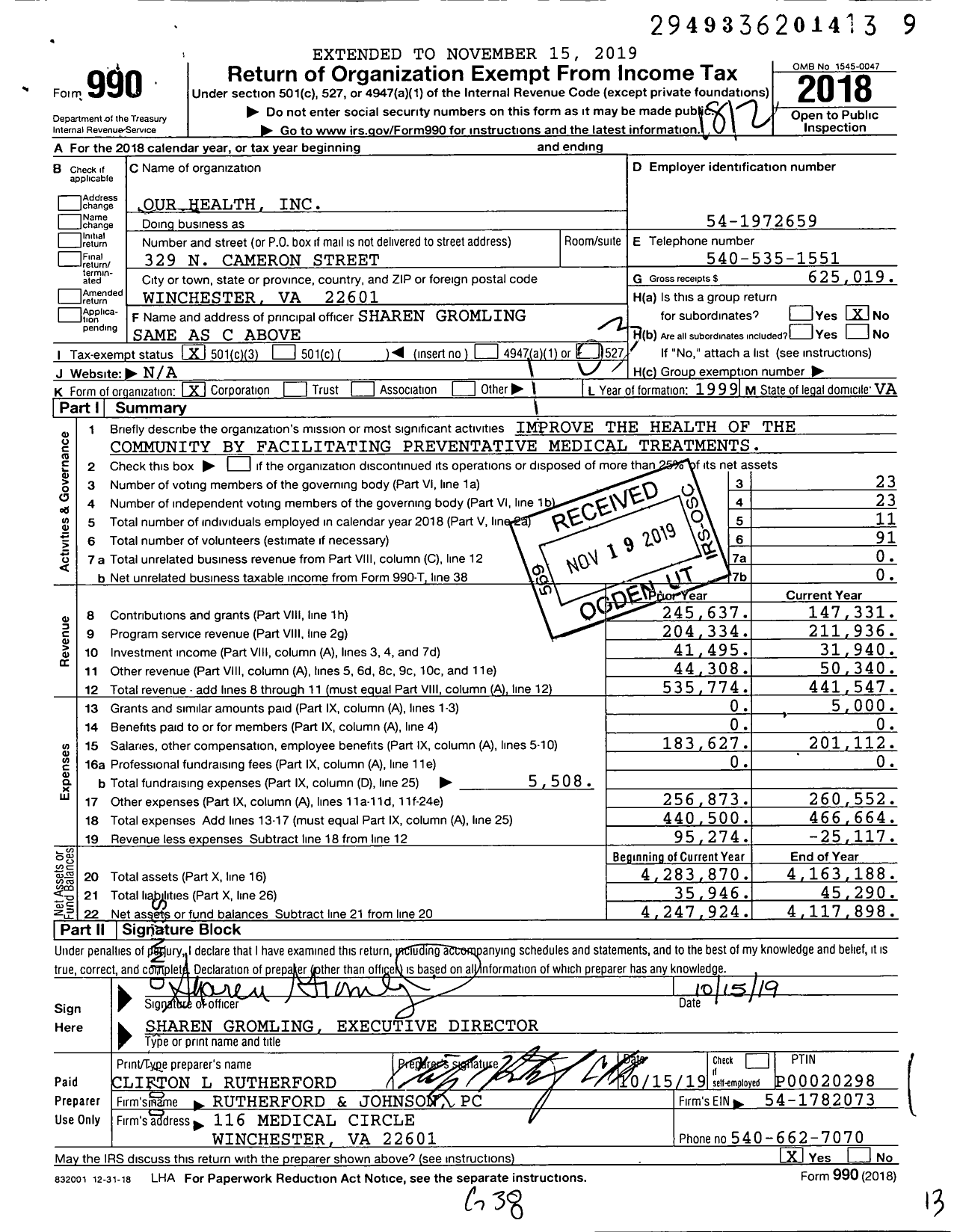 Image of first page of 2018 Form 990 for Our Health