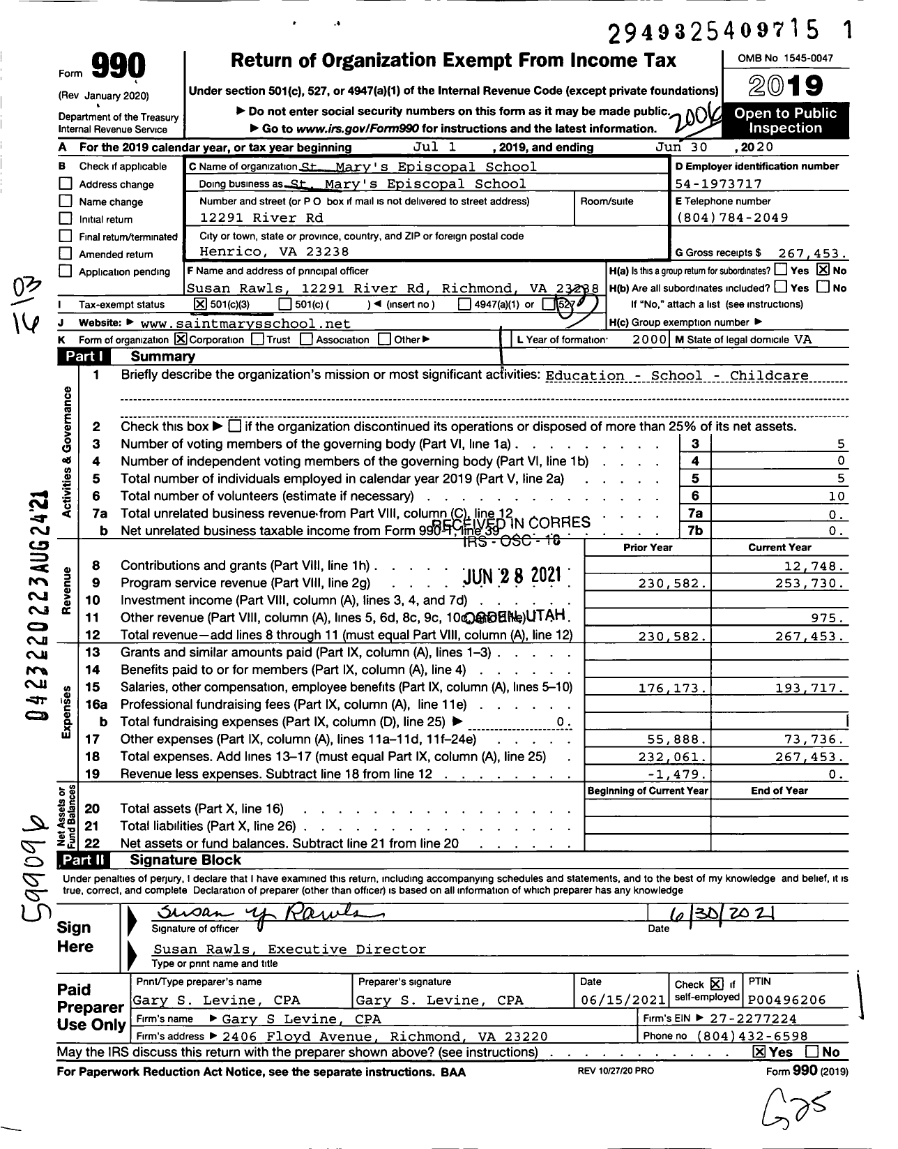 Image of first page of 2019 Form 990 for St Mary's Episcopal School