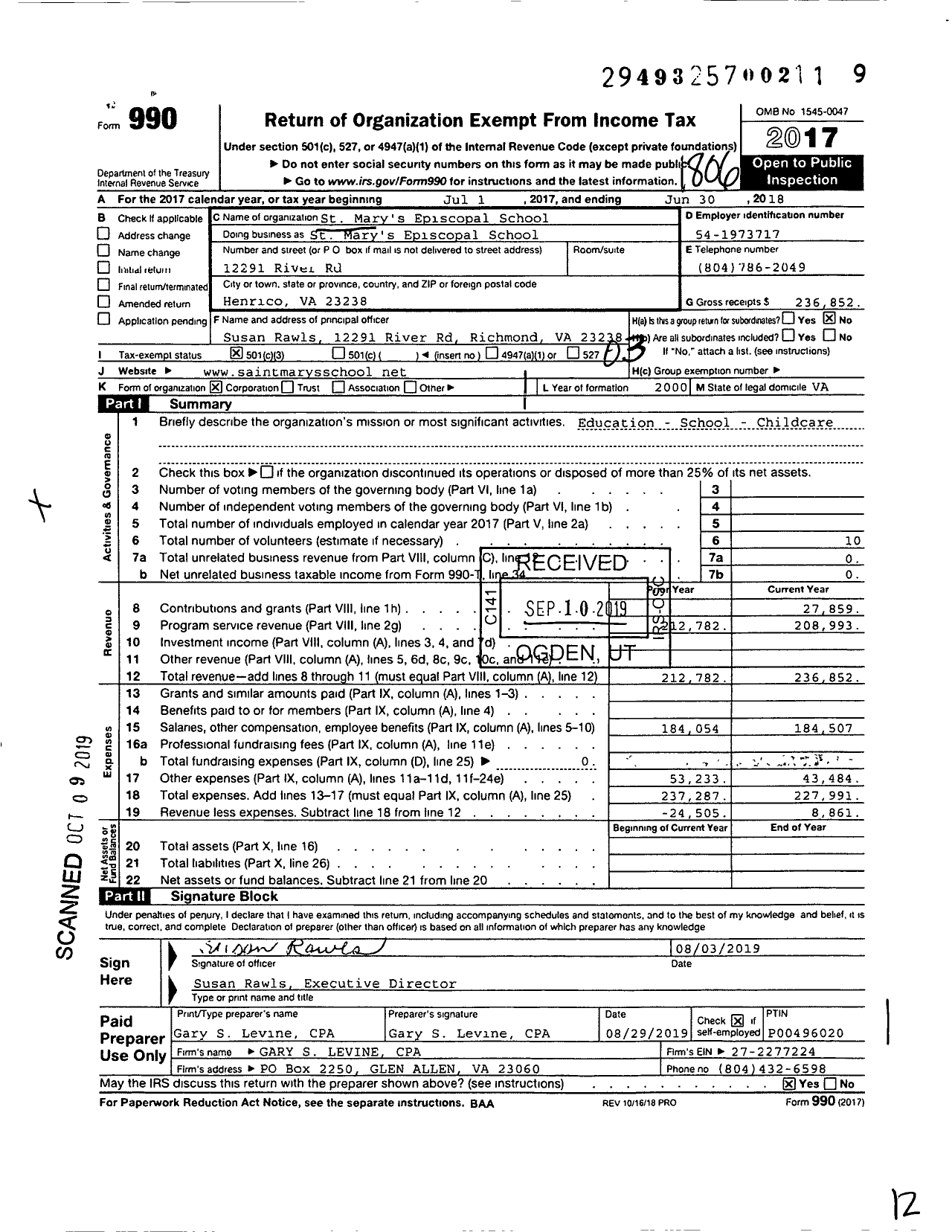 Image of first page of 2017 Form 990 for St Mary's Episcopal School