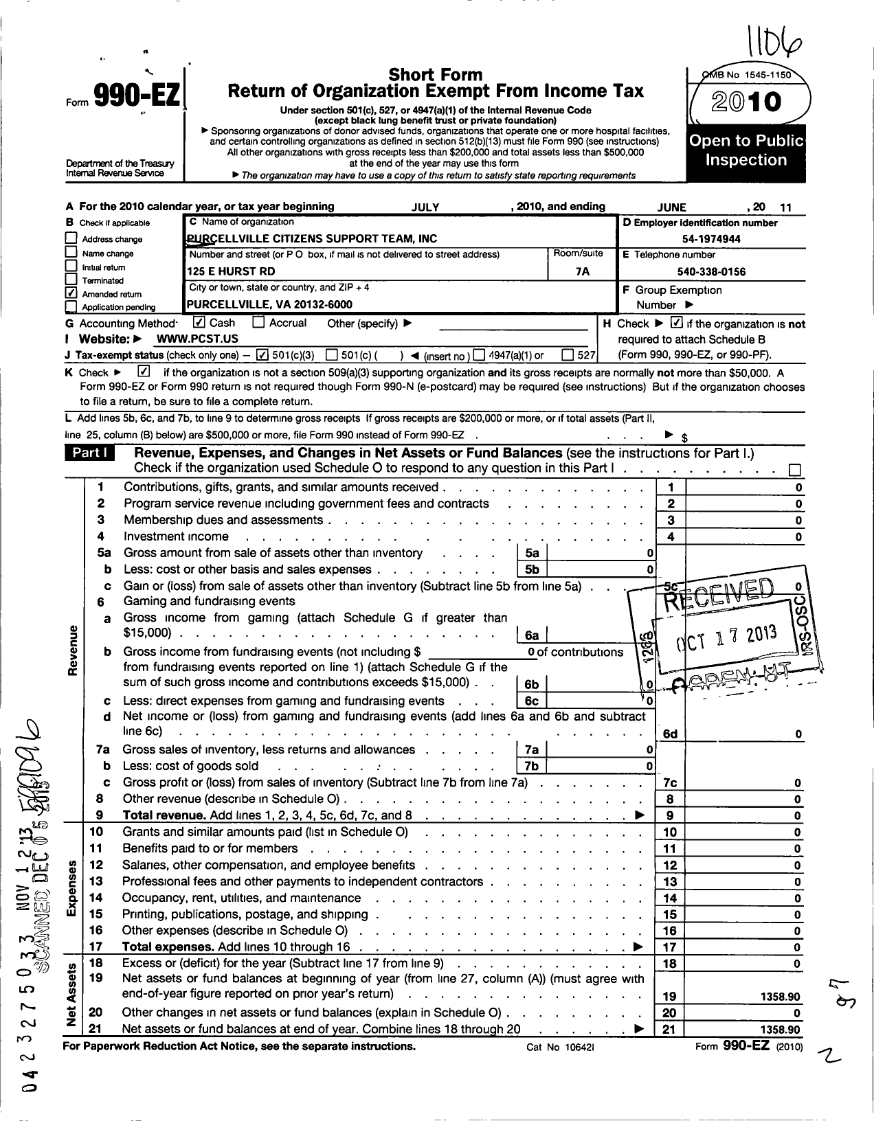 Image of first page of 2010 Form 990EZ for Purcellville Citizens Support Team