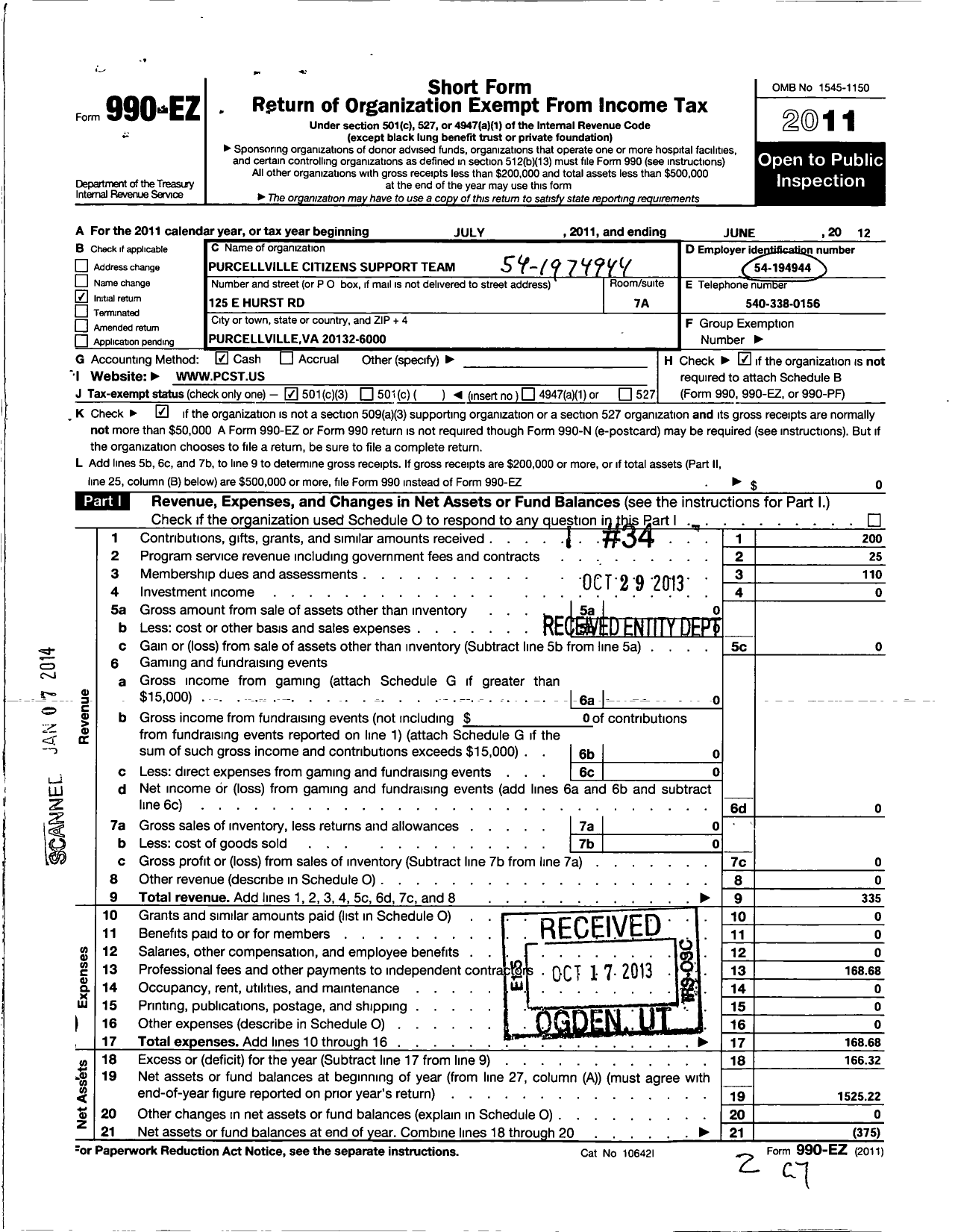 Image of first page of 2011 Form 990EZ for Purcellville Citizens Support Team