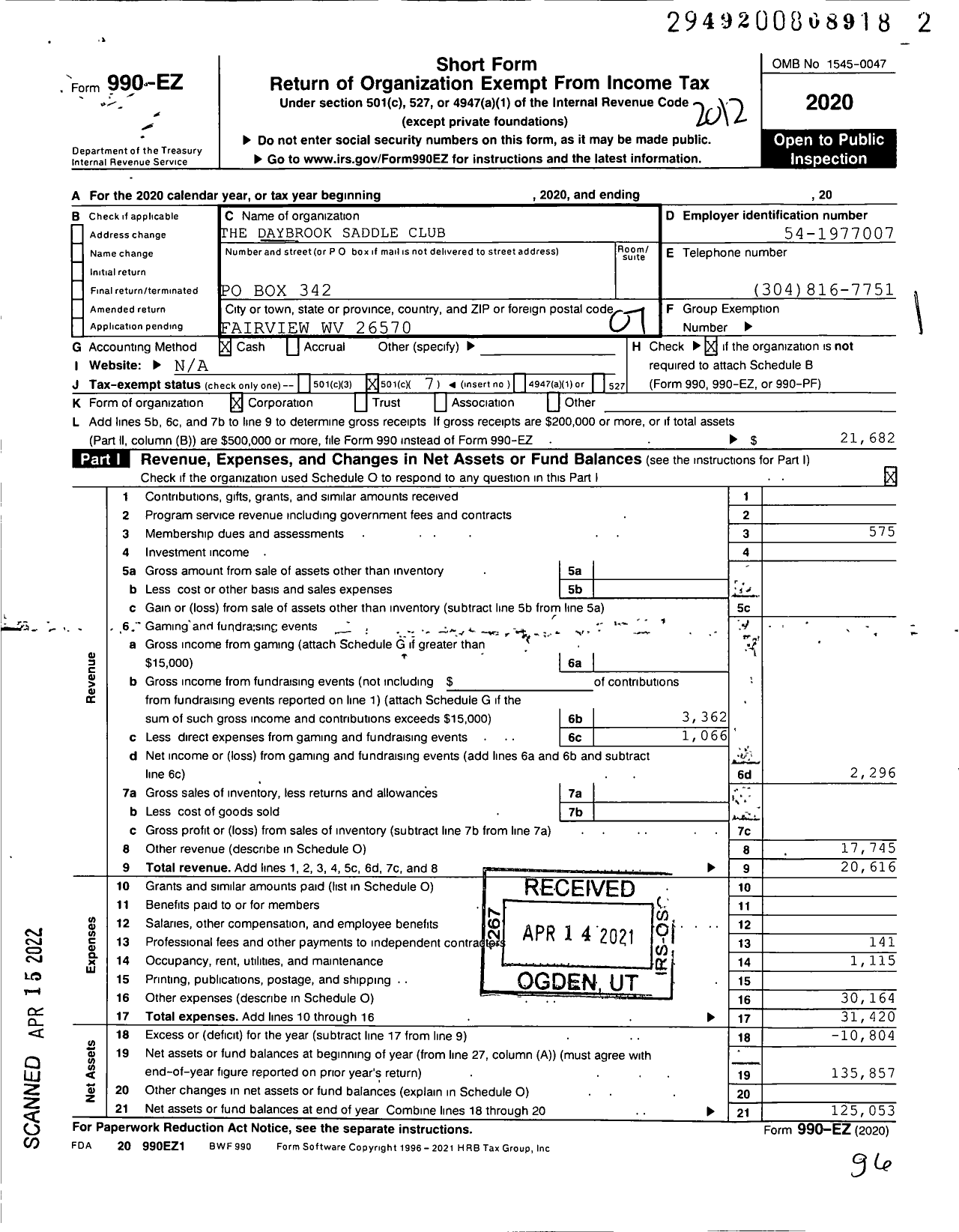 Image of first page of 2020 Form 990EO for The Daybrook Saddle Club