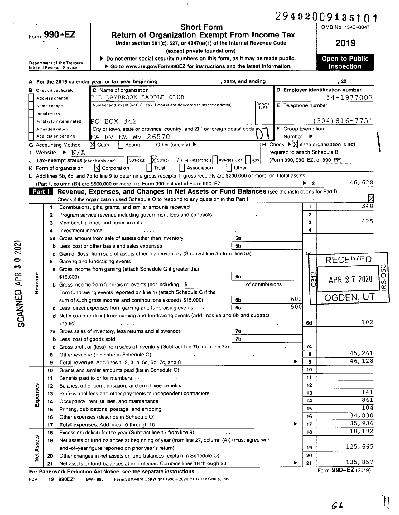 Image of first page of 2019 Form 990EO for The Daybrook Saddle Club