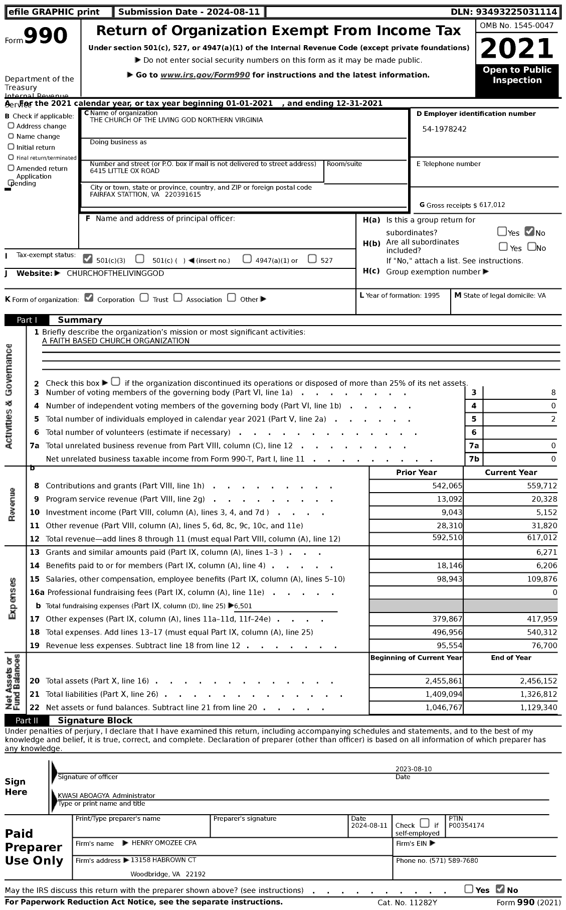 Image of first page of 2021 Form 990 for The Church of the Living God Northern Virginia