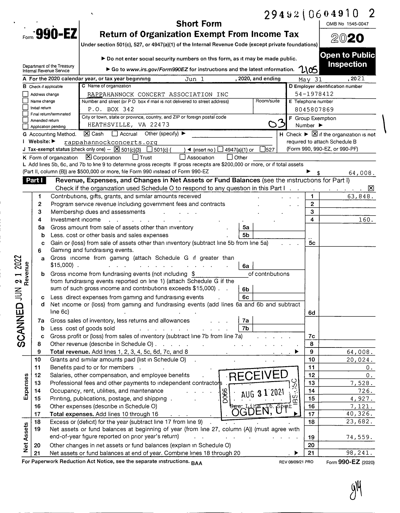 Image of first page of 2020 Form 990EZ for Rappahannock Concert Association