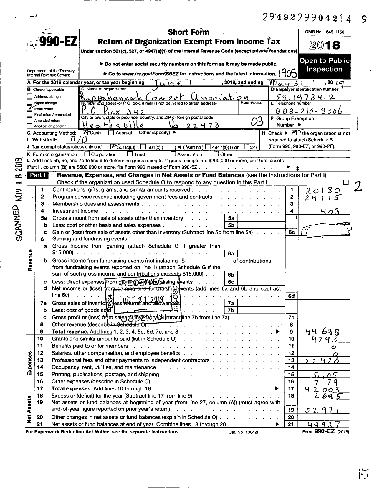 Image of first page of 2018 Form 990EZ for Rappahannock Concert Association