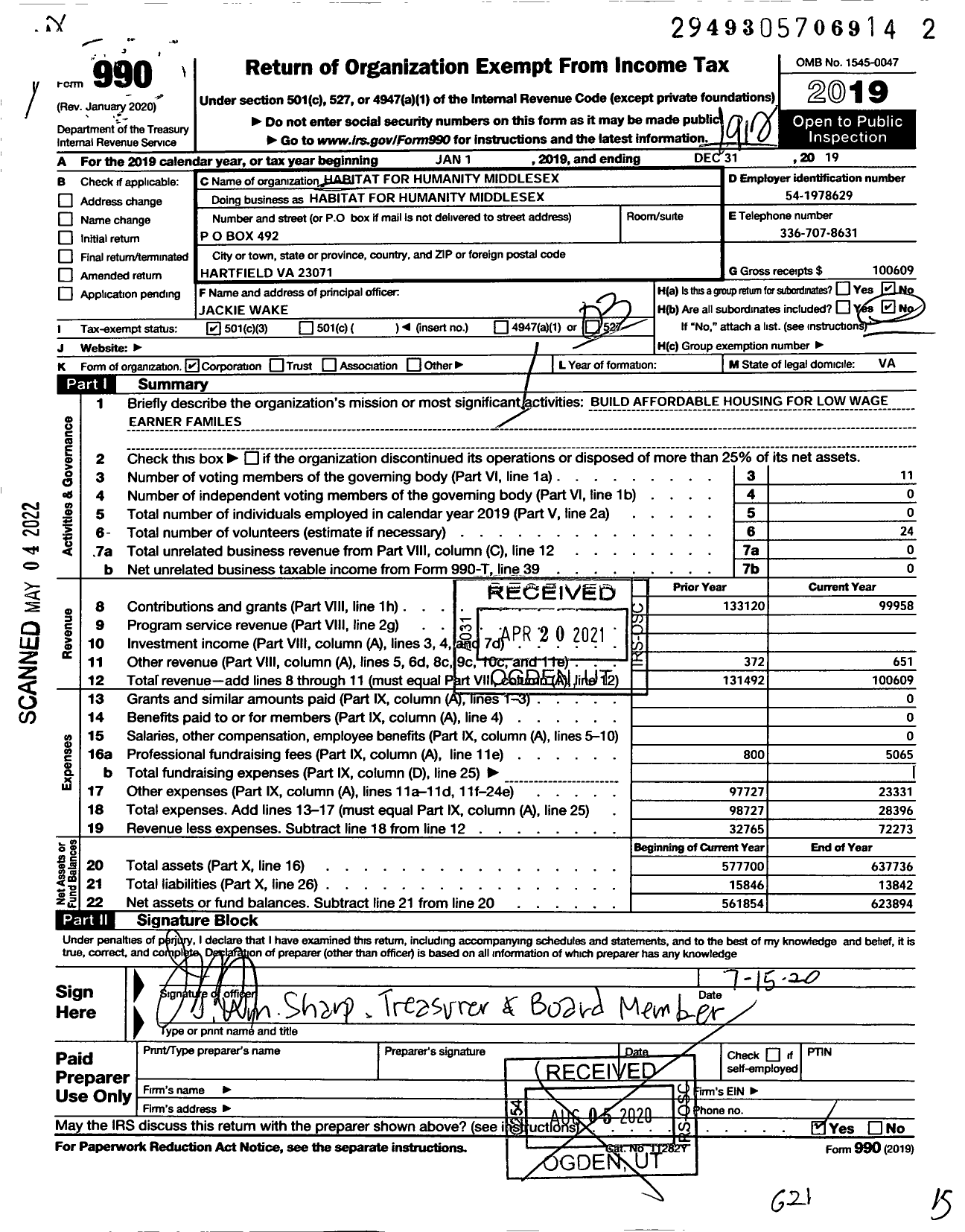 Image of first page of 2019 Form 990 for Habitat for Humanity - Middlesex