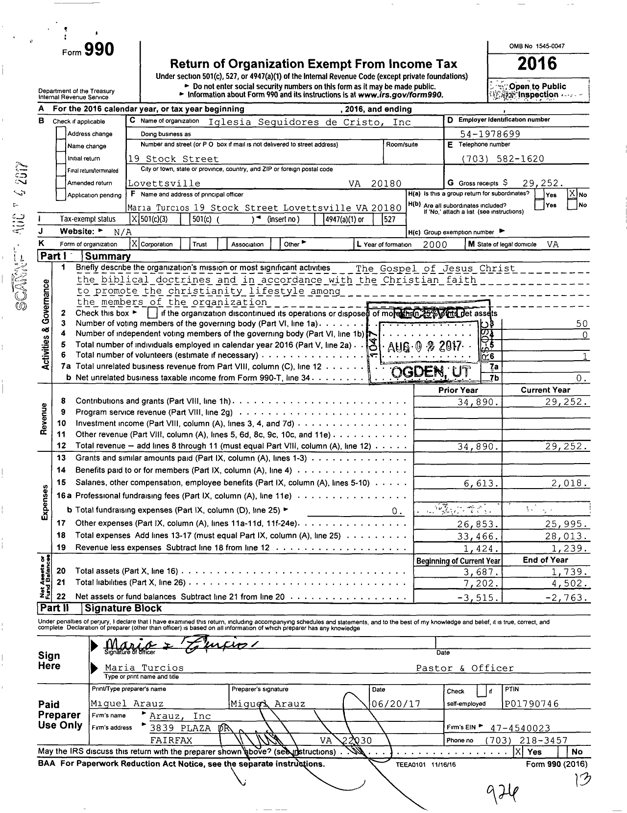 Image of first page of 2016 Form 990 for Iglesia Seguidores de Cristo