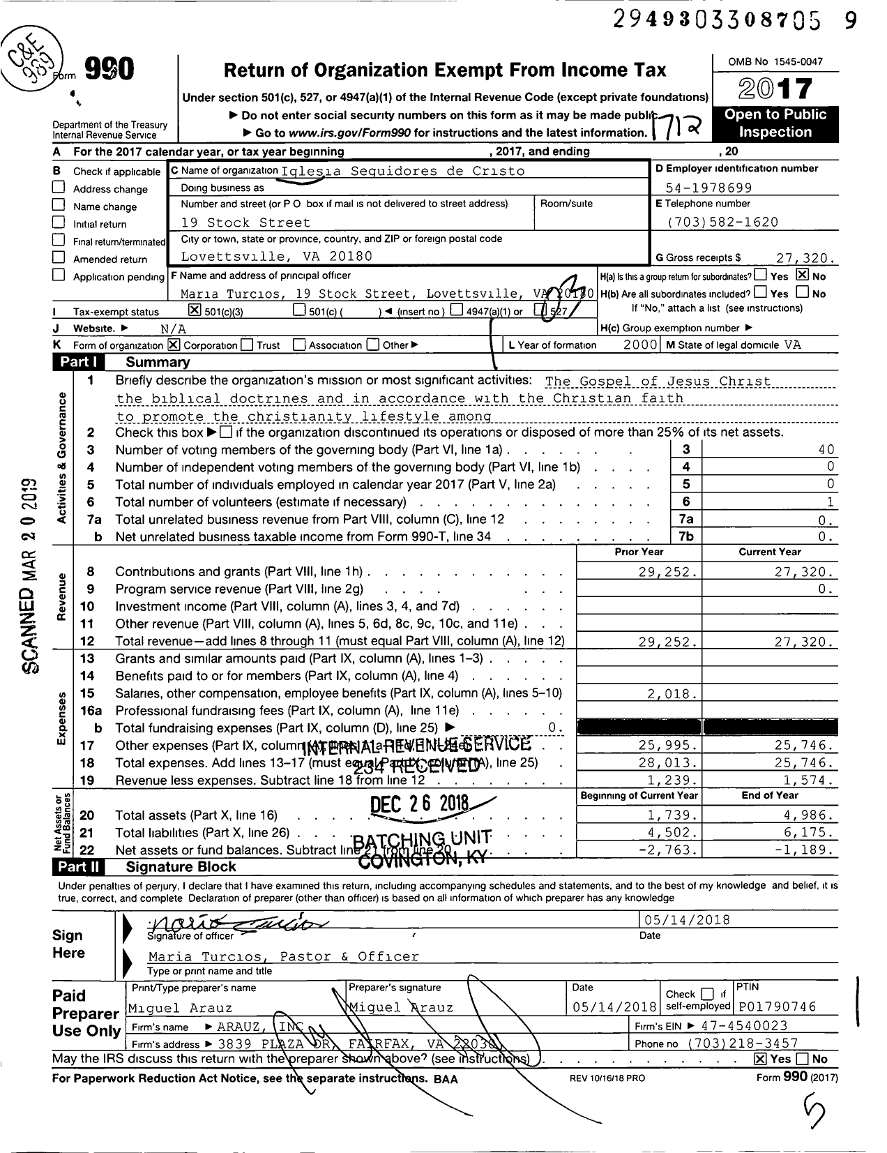 Image of first page of 2017 Form 990 for Iglesia Seguidores de Cristo